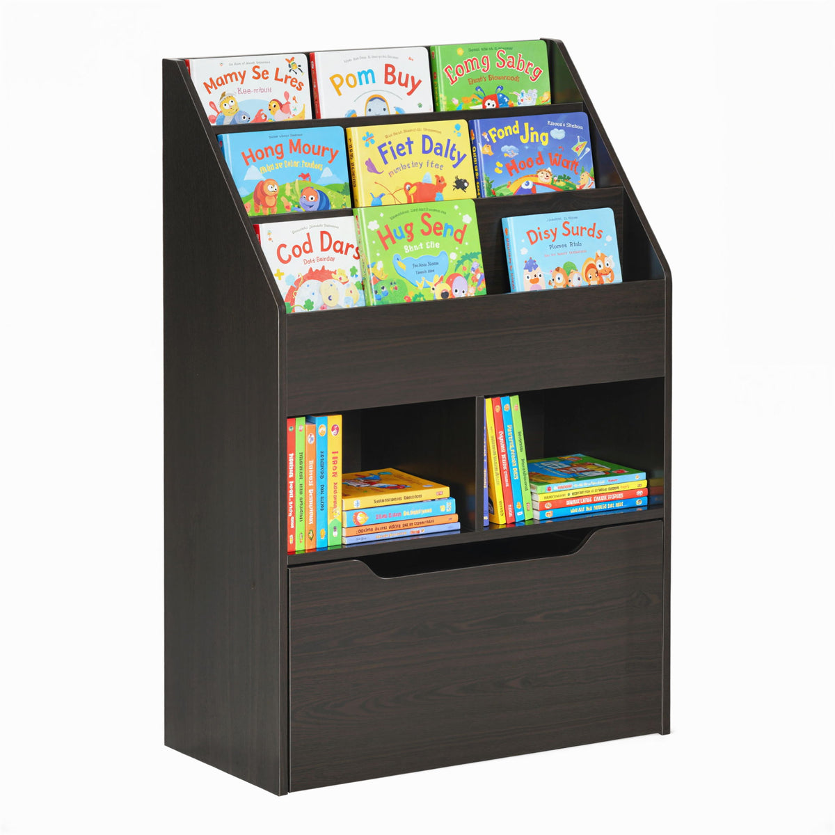 Kids Bookshelf Bookcase, Montessori-Inspired Multi-Shelf Rack Organizer with Moveable Drawer for Books for Reading Nook, Classroom, Bedroom, Playroom, Brown