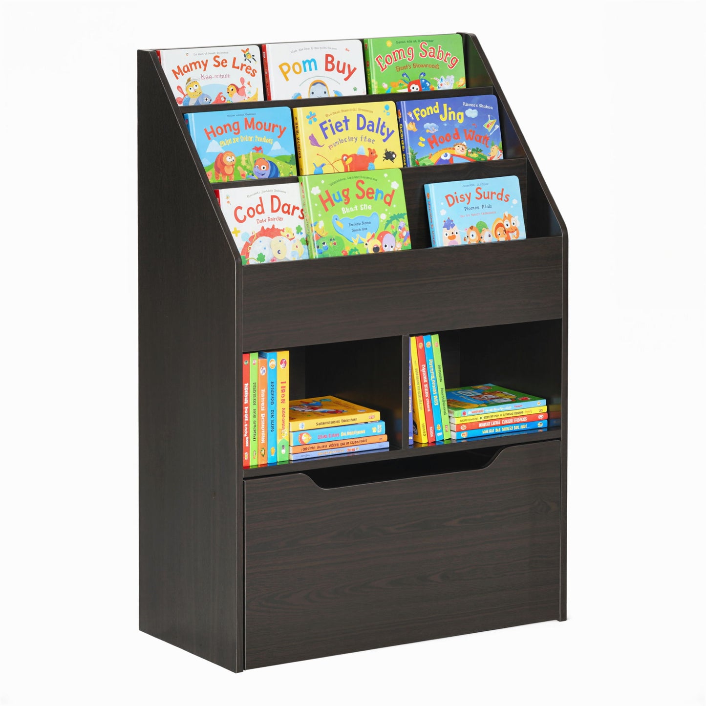 Kids Bookshelf Bookcase, Montessori-Inspired Multi-Shelf Rack Organizer with Moveable Drawer for Books for Reading Nook, Classroom, Bedroom, Playroom, Brown