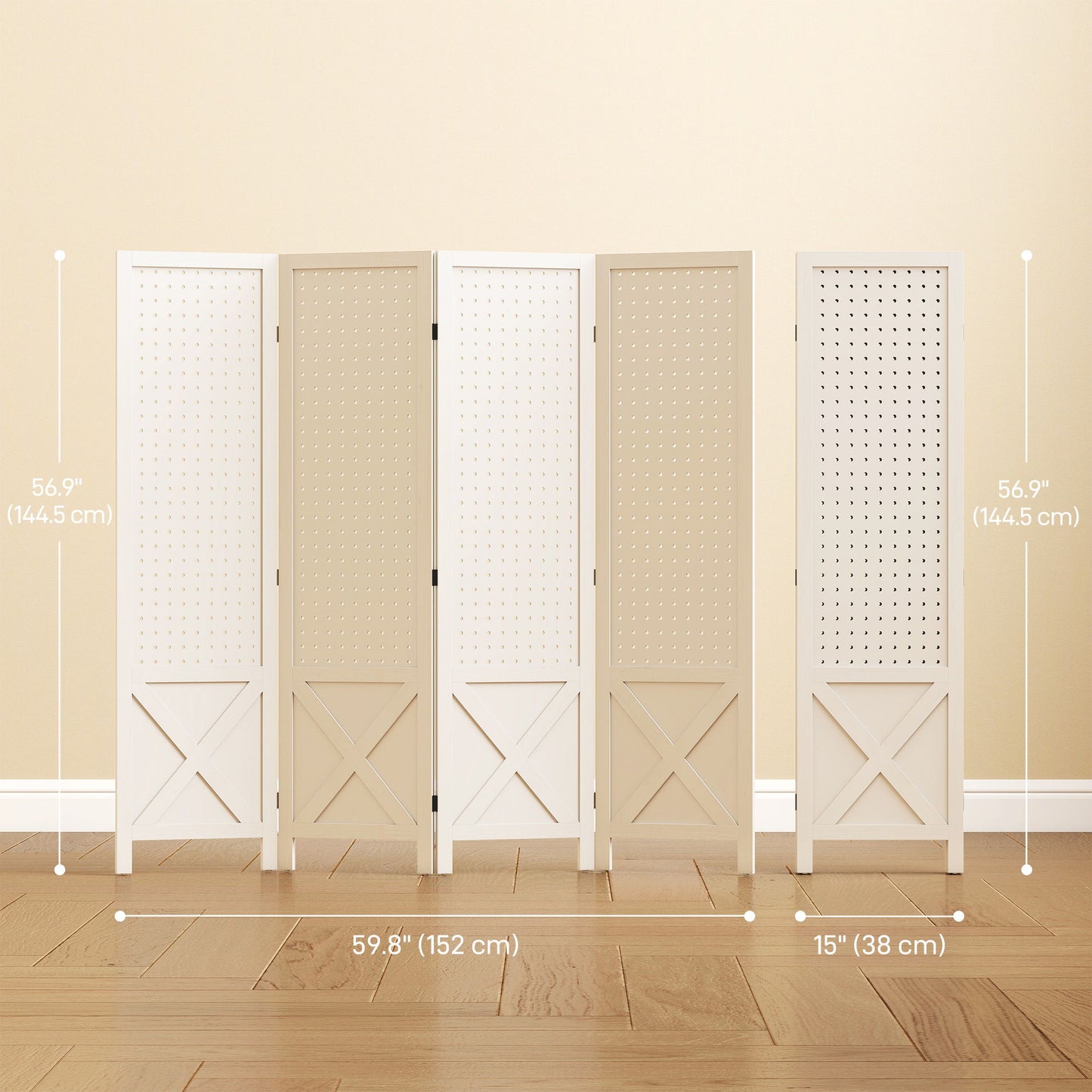 56.9" 4 Panel Wooden Room Divider with Pegboard Display, Folding Privacy Screen for Home Office, White