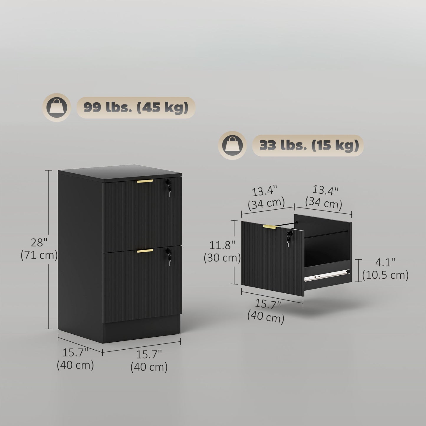 Lockable Filing Cabinet with 2 Fluted Drawers, File Cabinet with Adjustable Hanging Rails for A4 Letter Files, Black