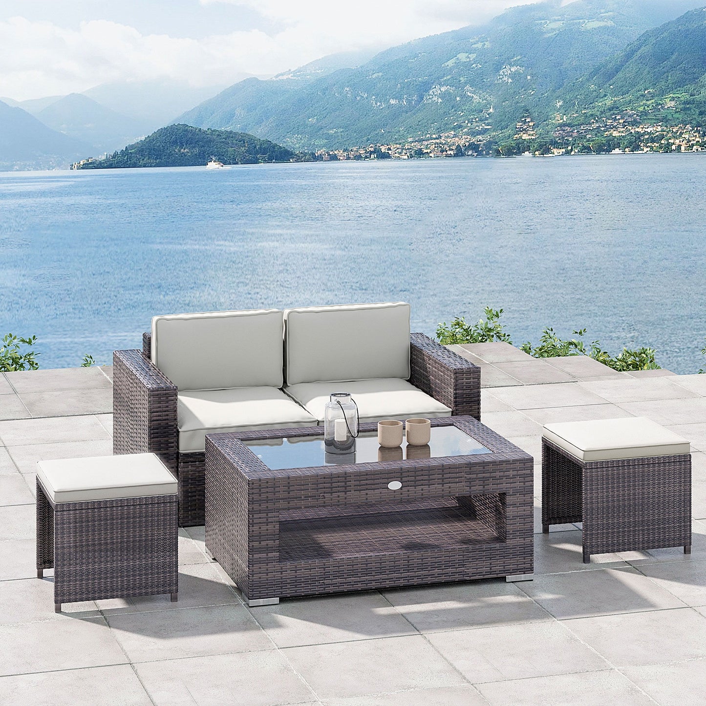 2-Tier Rattan Patio Coffee Table Outdoor Side Table PE Wicker Patio Garden Tea End Desk with Tempered Glass Top & Storage for Balcony, Backyard, Poolside