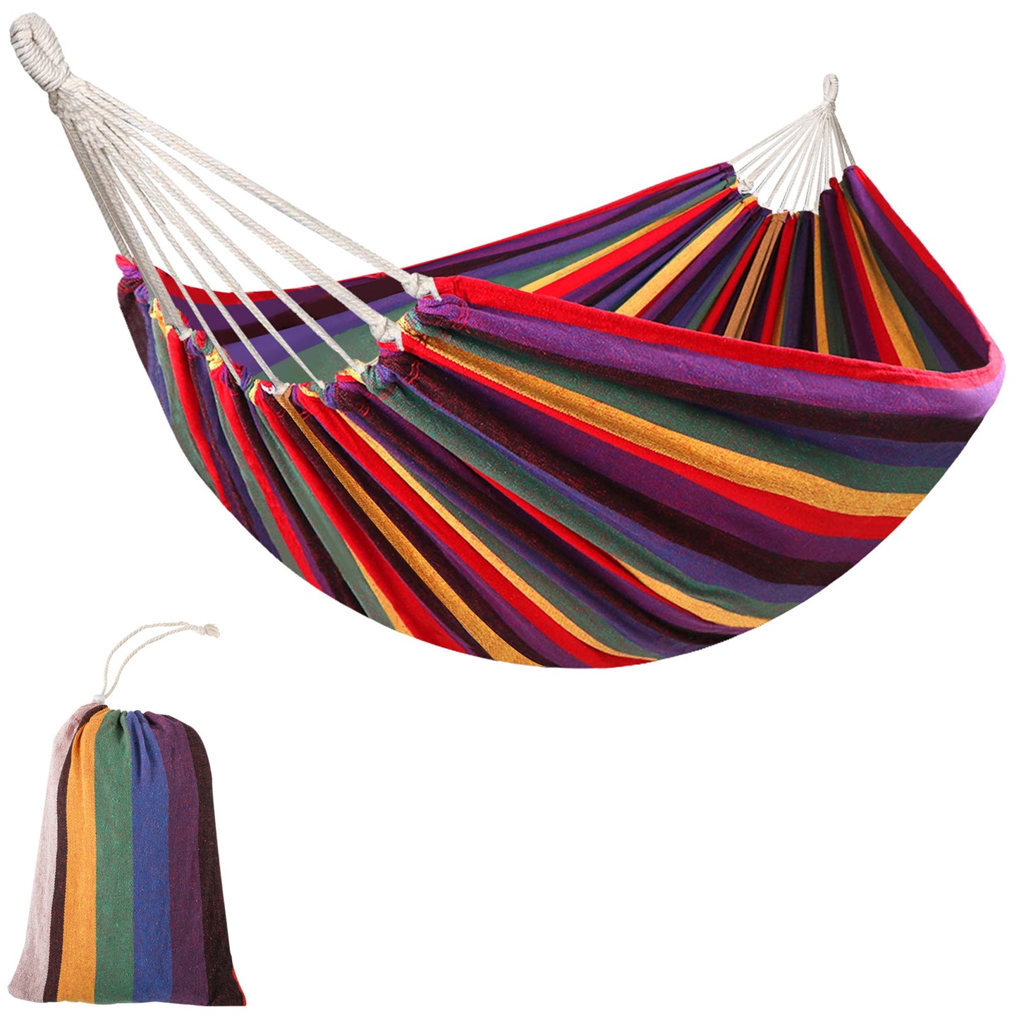 114" Outdoor Hammock, Extra Large Brazilian Style Hammock Cotton, Portable Hanging Camping Bed for Patio Backyard Lounging w/ Carrying Bag, Rainbow Stripe, Multi-colour