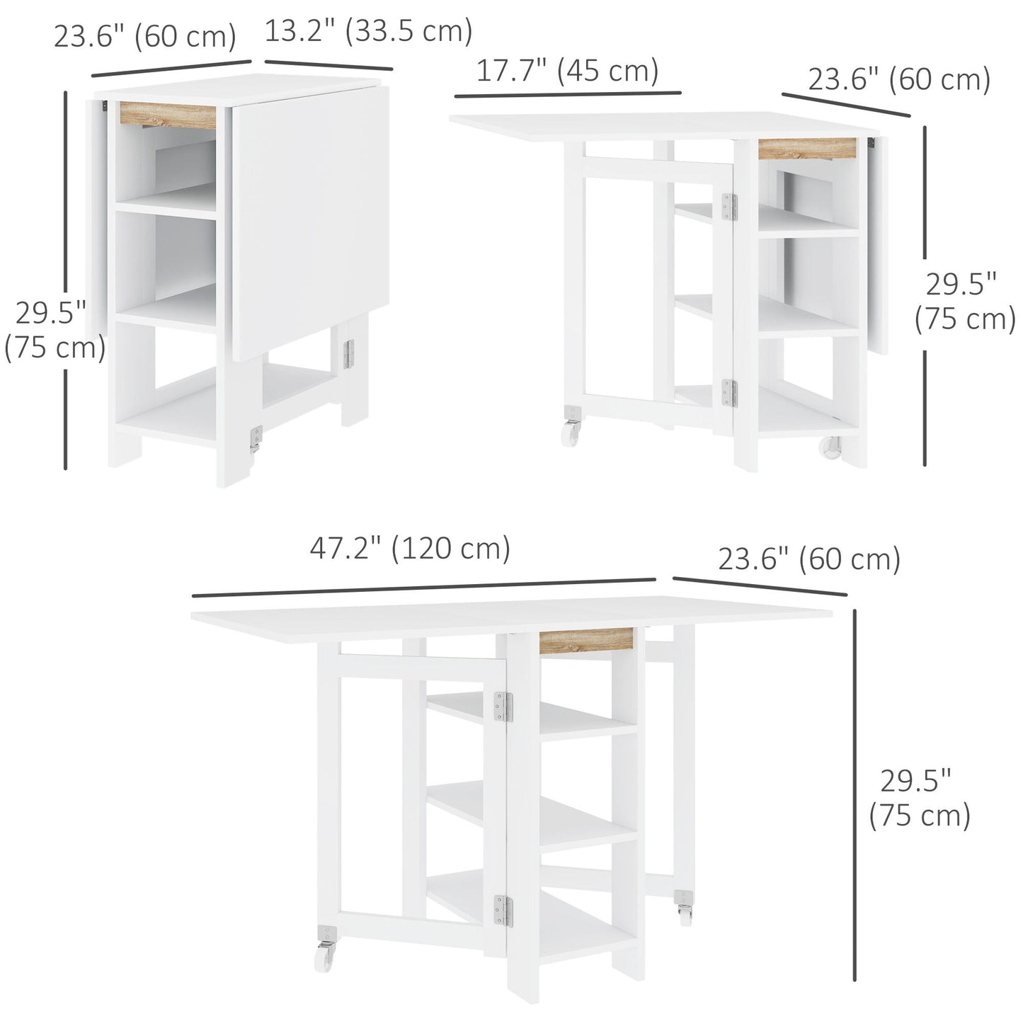 Folding Dining Table with Storage, Drop Leaf Kitchen Table for Small Spaces, White
