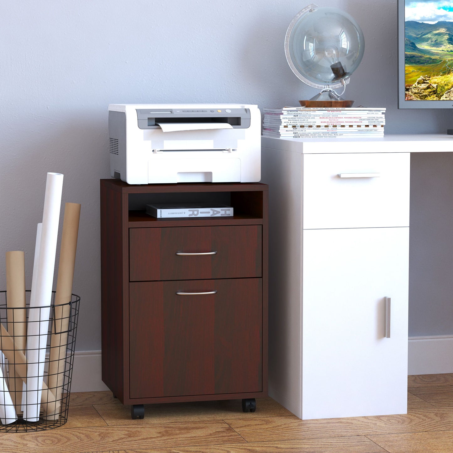 24" Small Filing Cabinet with Open Compartment, Drawer and Wheels, Home Office Storage Cabinet, Espresso