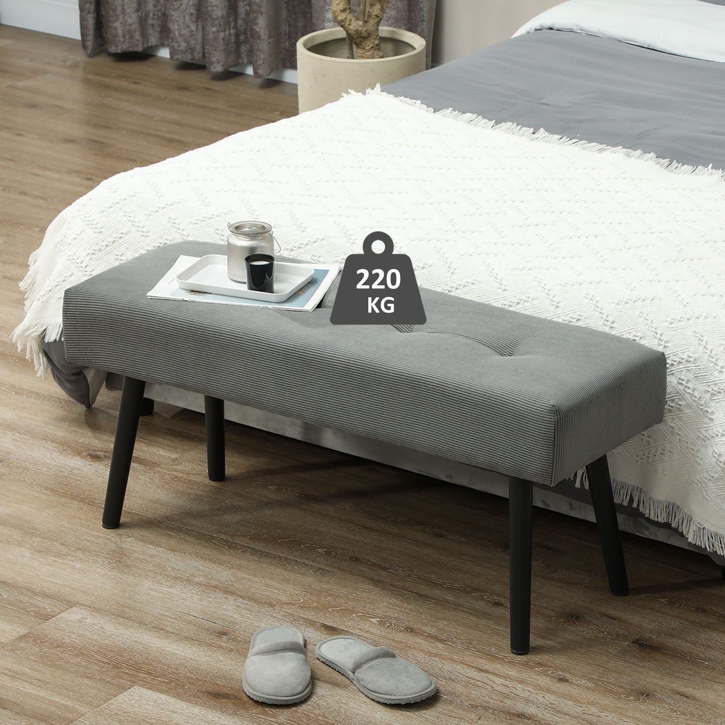 39" Upholstered Ottoman Bench, Corduroy Entryway Bedroom Bench with Padded Seat and Steel Legs for Bedroom, Grey