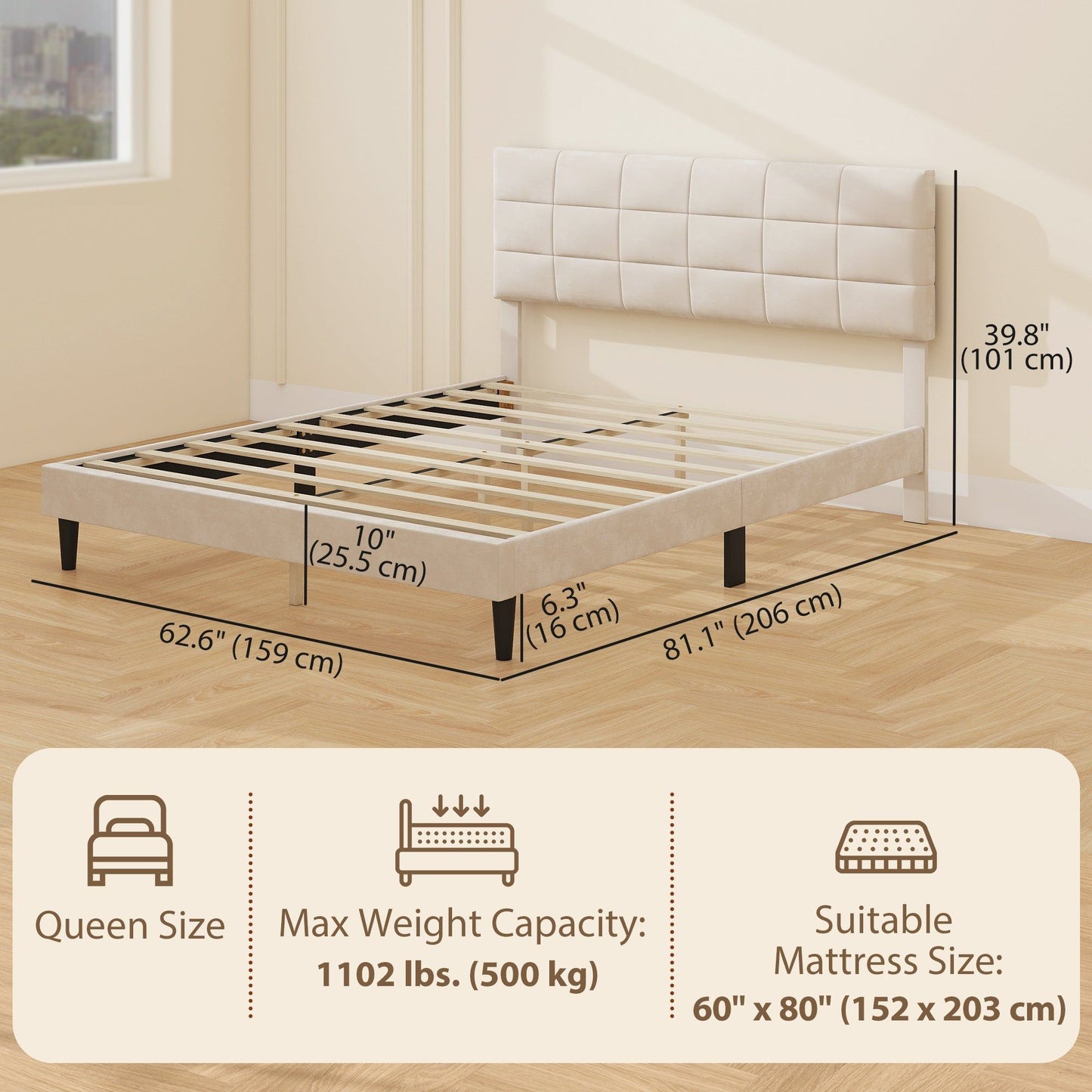 Queen Platform Bed Frame with Upholstered Headboard - Cream