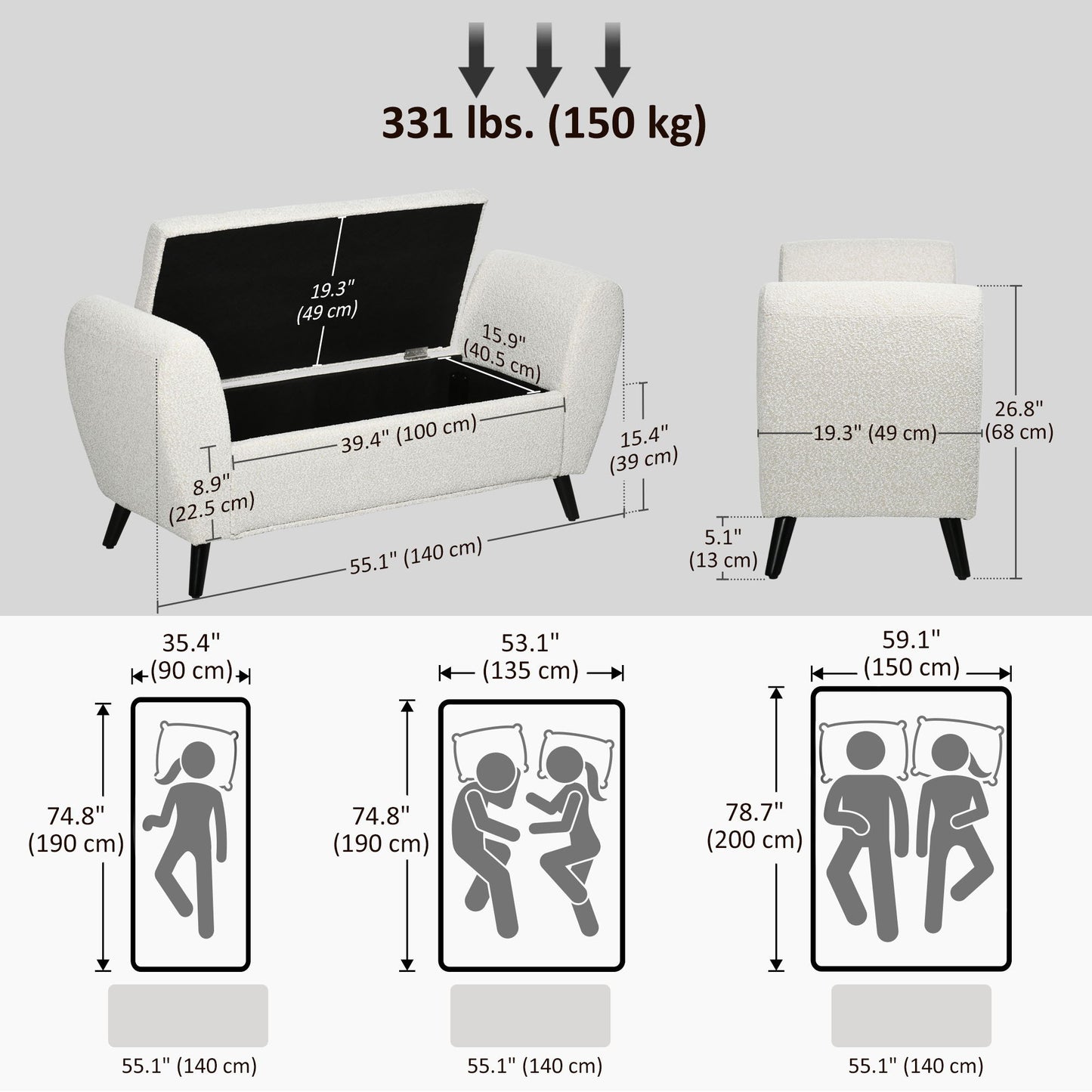 Upholstered Storage Bench with Arms, Modern Ottoman Bench for Bedroom, Entryway, and Living Room, Cream White