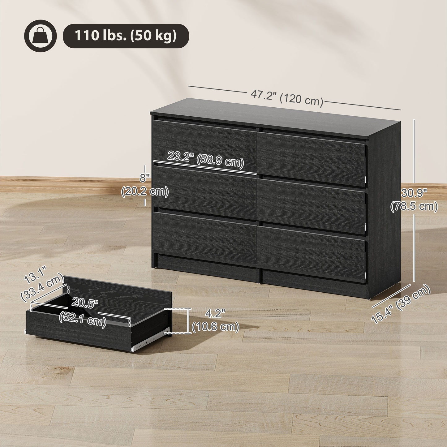 Wide Chest of Drawers, 6 Drawer Dresser for Bedroom, Living Room, Hallway, Modern Clothes Storage Organizer, Black