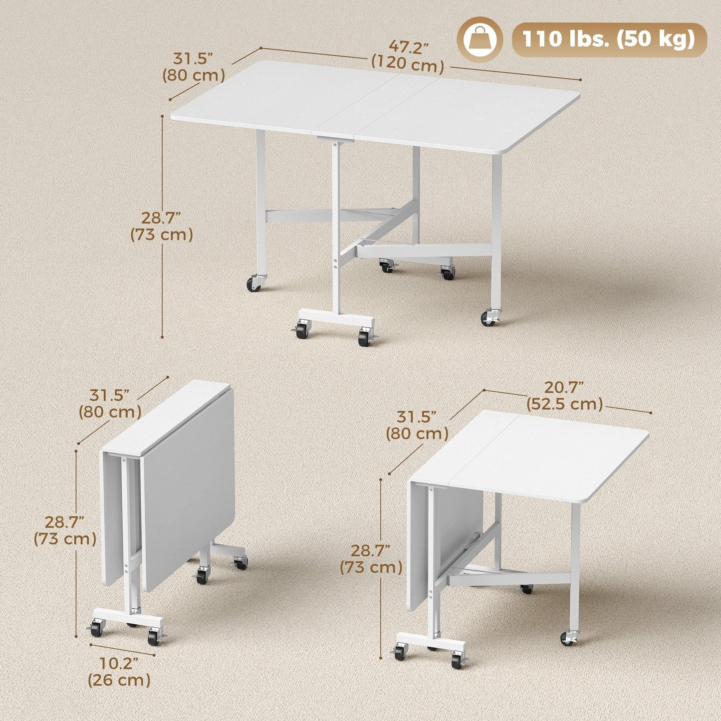 6-Seater Drop-Leaf Dining Table with Wheels - White