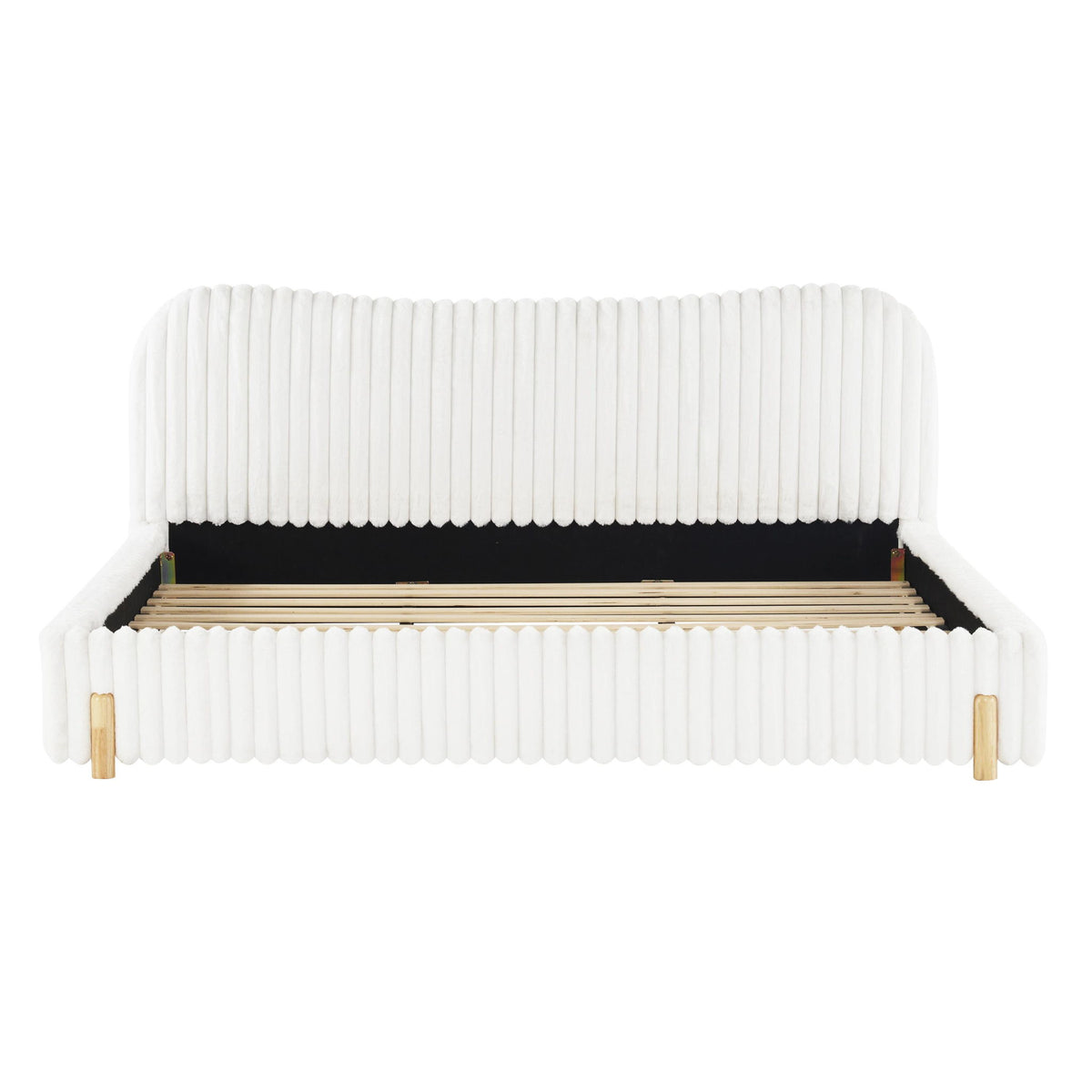 Modern Minimalist Upholstered Bed with Padded Headboard, Upholstered Platform Bed with Rubberwood Legs, 86'' L x 81.5'' W x 34.5'' H, White