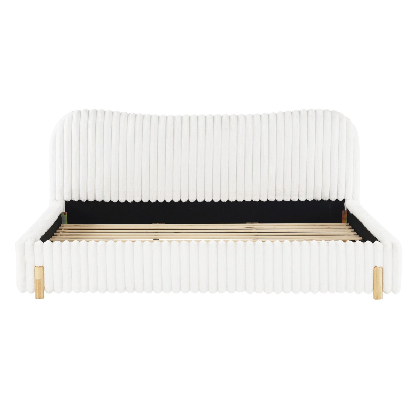 Modern Minimalist Upholstered Bed with Padded Headboard, Upholstered Platform Bed with Rubberwood Legs, 86'' L x 81.5'' W x 34.5'' H, White