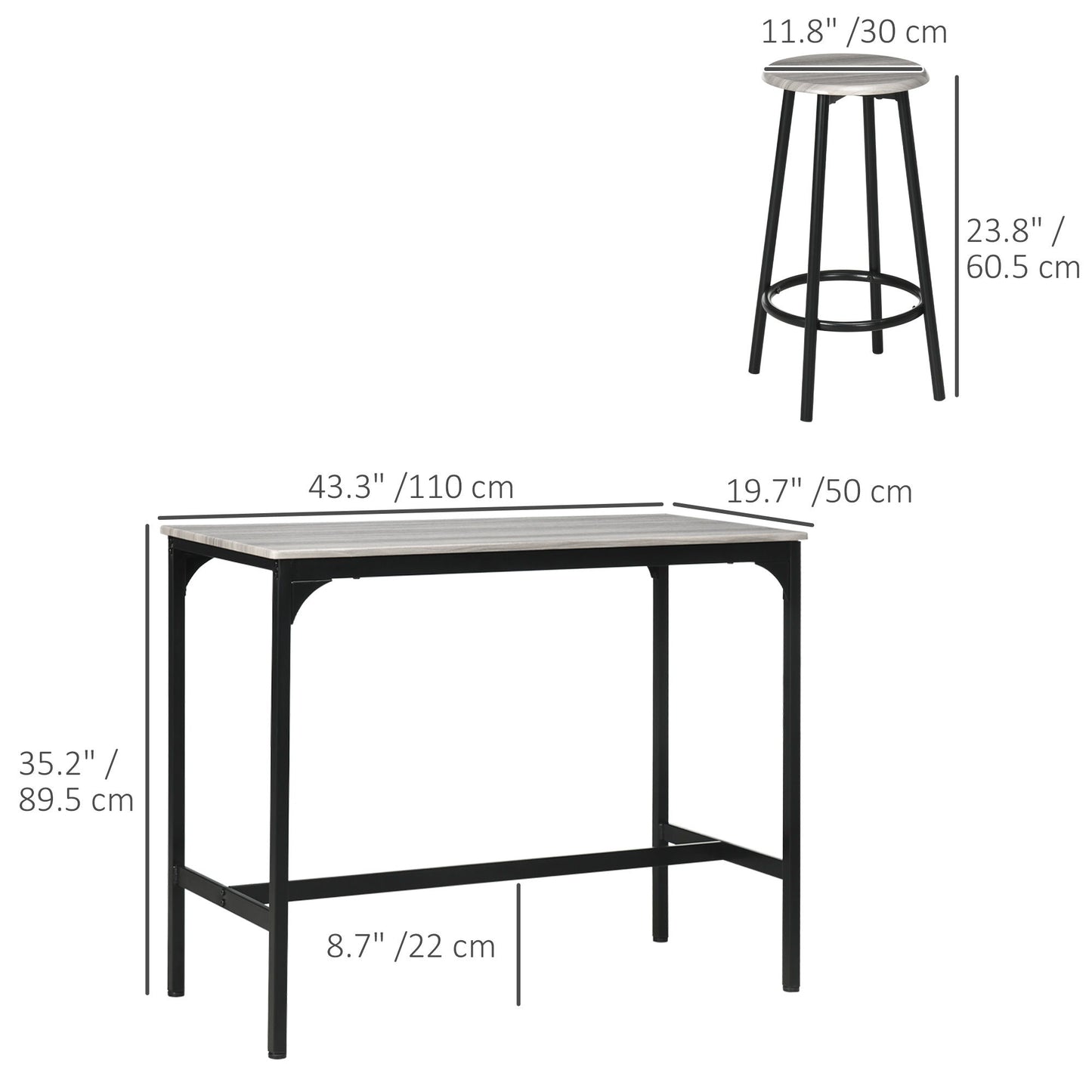 5-Piece Bar Table Set for 4, Industrial Counter Height Bar Table and Chairs for Kitchen, Dining Room, Grey