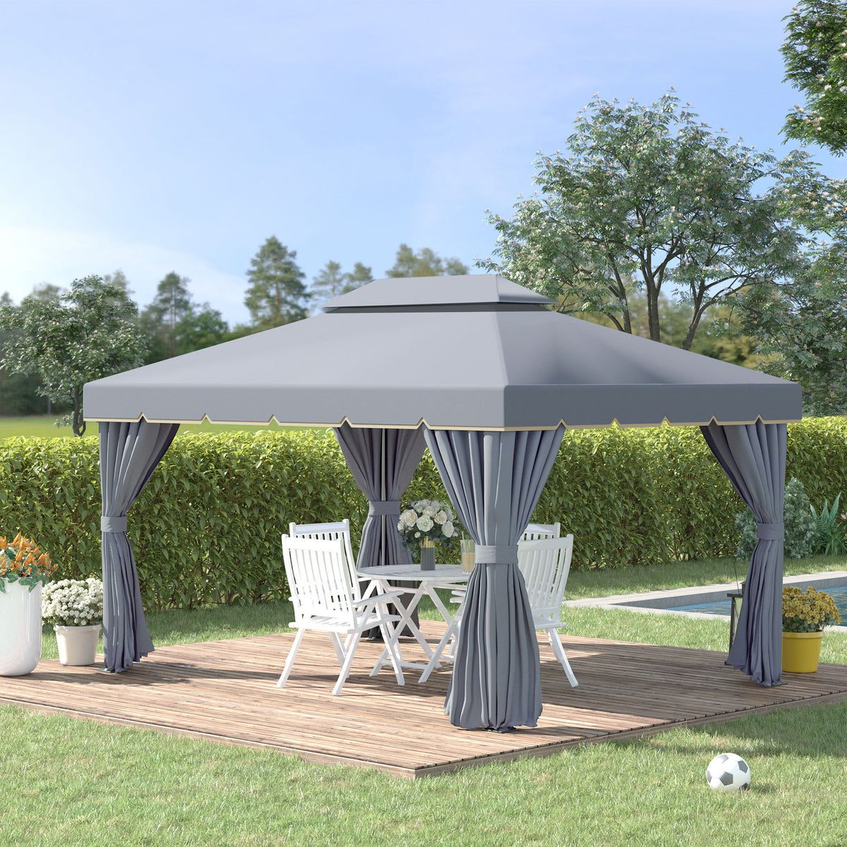 13' x 10' Patio Gazebo Canopy with 2-Tier Polyester Roof, Vented Mesh Sidewall & Strong Aluminum Frame, Grey
