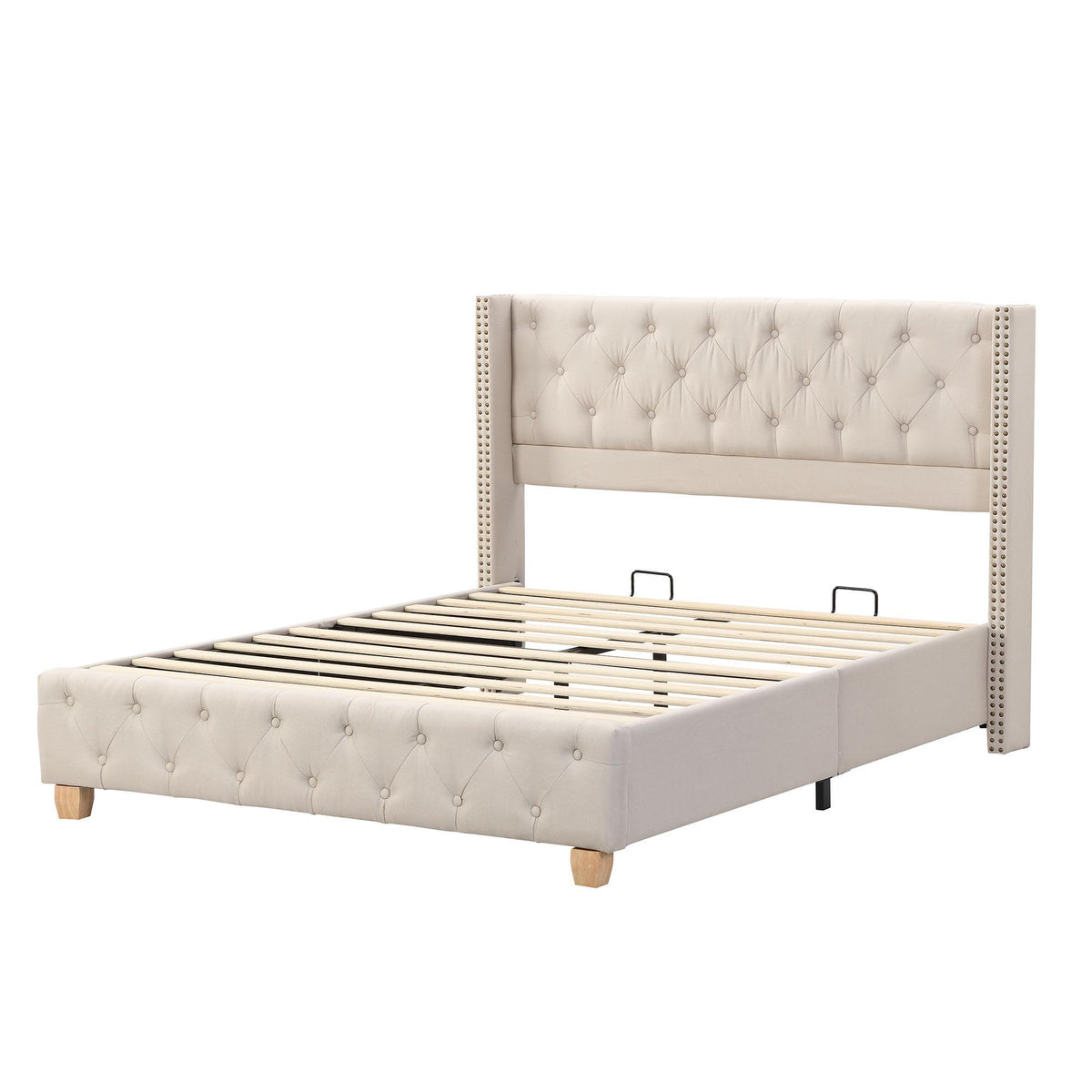 Queen Size Linen Upholstered Bed with Wingback Headboard, Modern Bed Frame with Metal Nailhead Trim, 64.5'' L x 83'' W x 42.5'' H, Beige