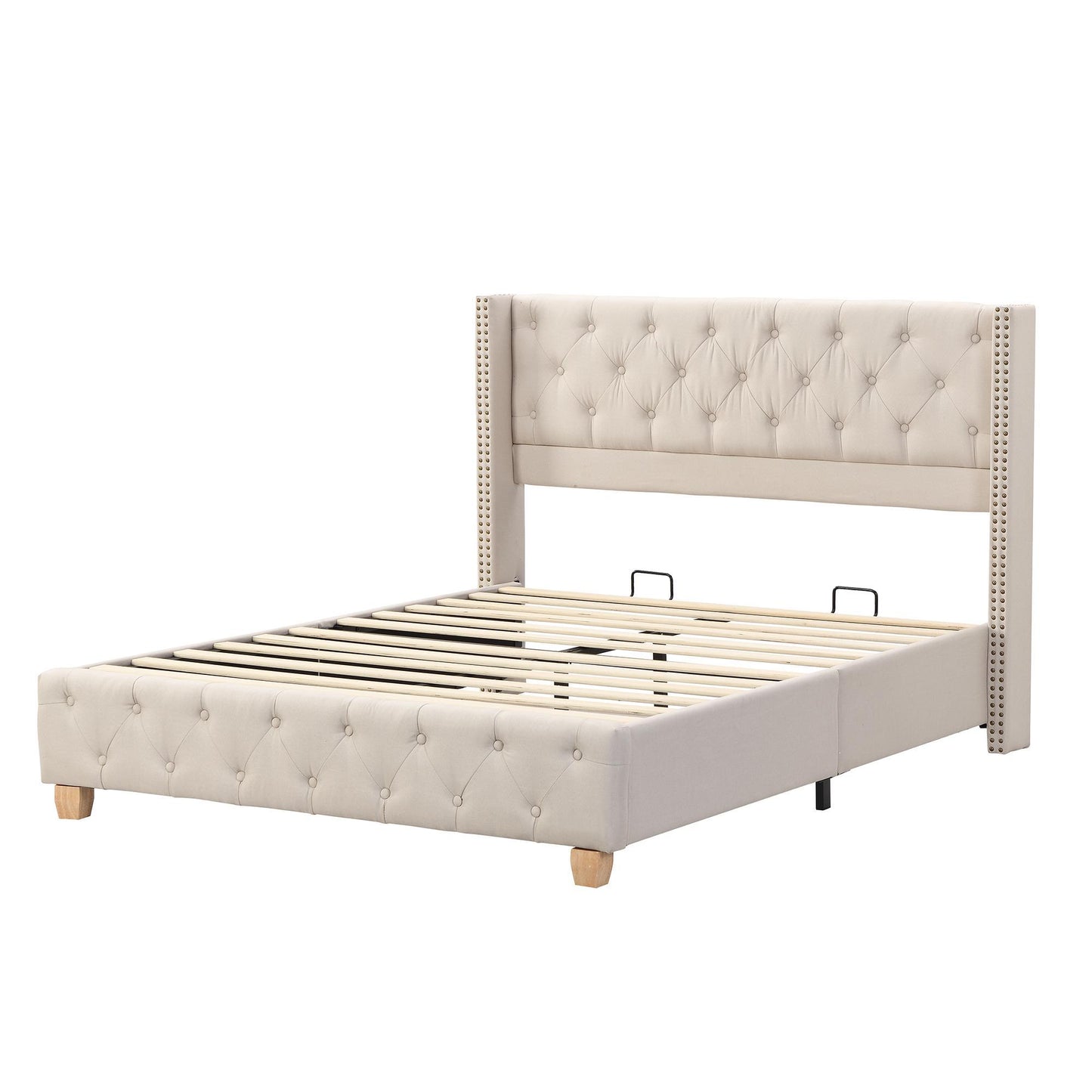 Queen Size Linen Upholstered Bed with Wingback Headboard, Modern Bed Frame with Metal Nailhead Trim, 64.5'' L x 83'' W x 42.5'' H, Beige