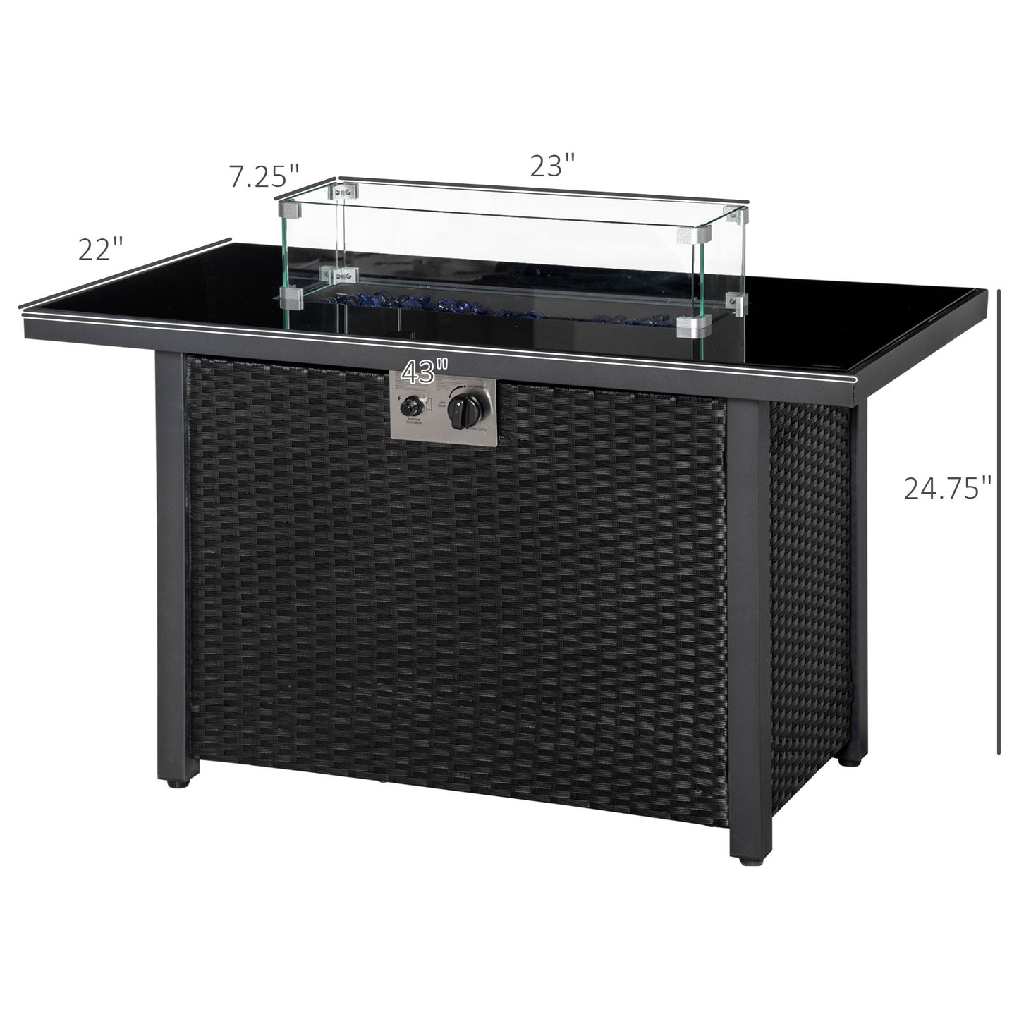 Propane Fire Pit Table 43in Outdoor Fire Table, 50,000 BTU Pulse-Ignition Wicker Firepit Furniture with Glass Wind Guard, Blue Glass Rock, CSA Certification, Black