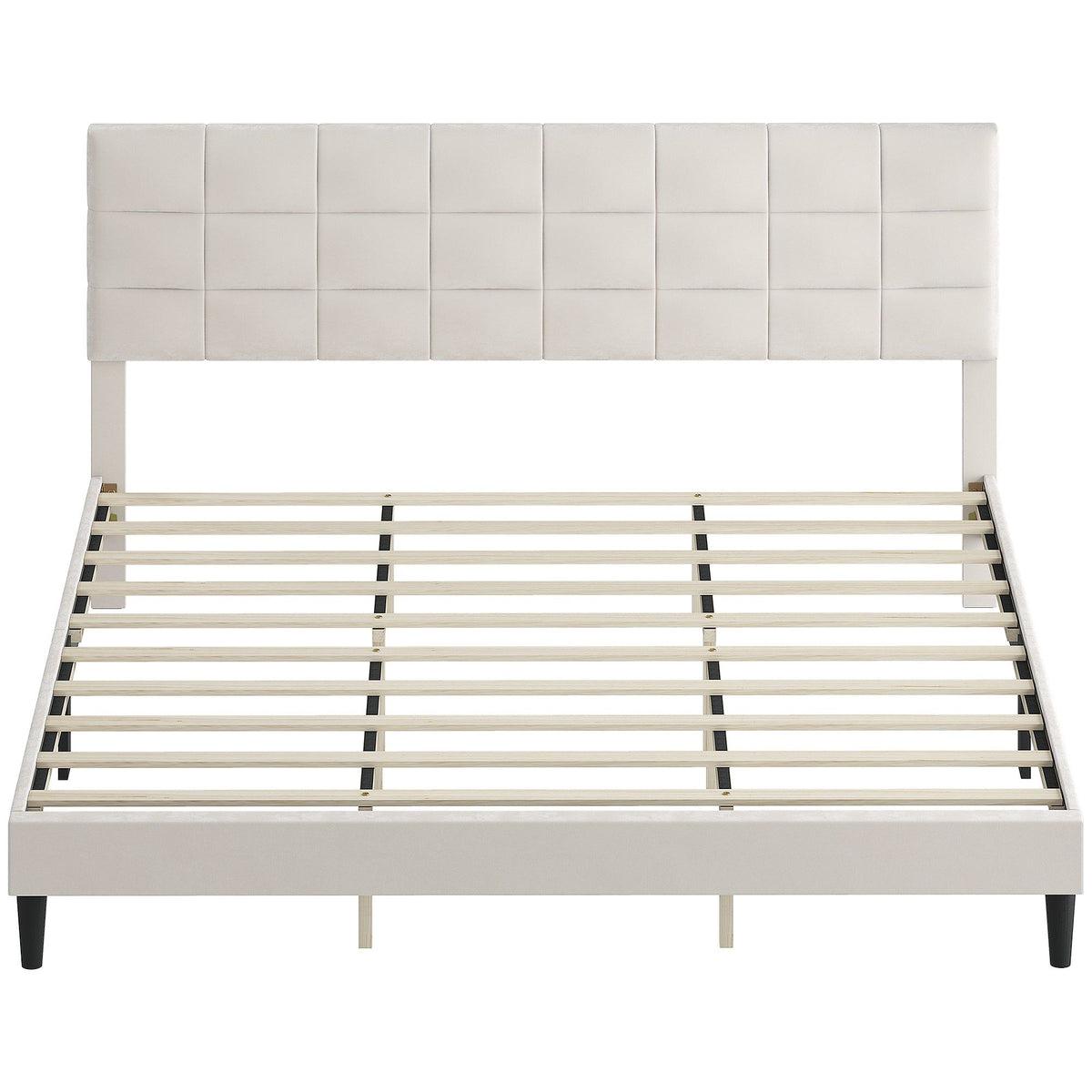King Platform Bed Frame with Upholstered Headboard - Cream