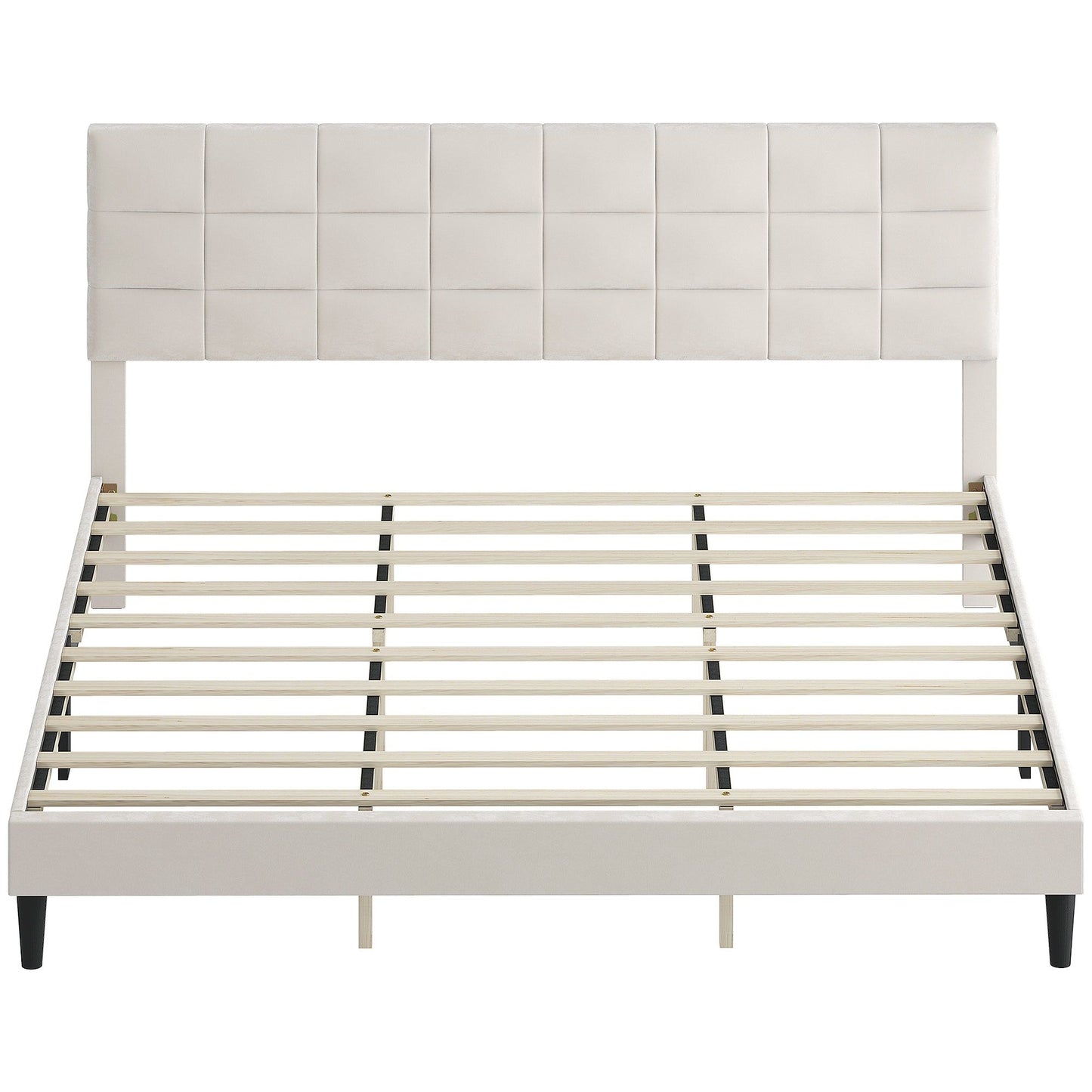 King Platform Bed Frame with Upholstered Headboard - Cream