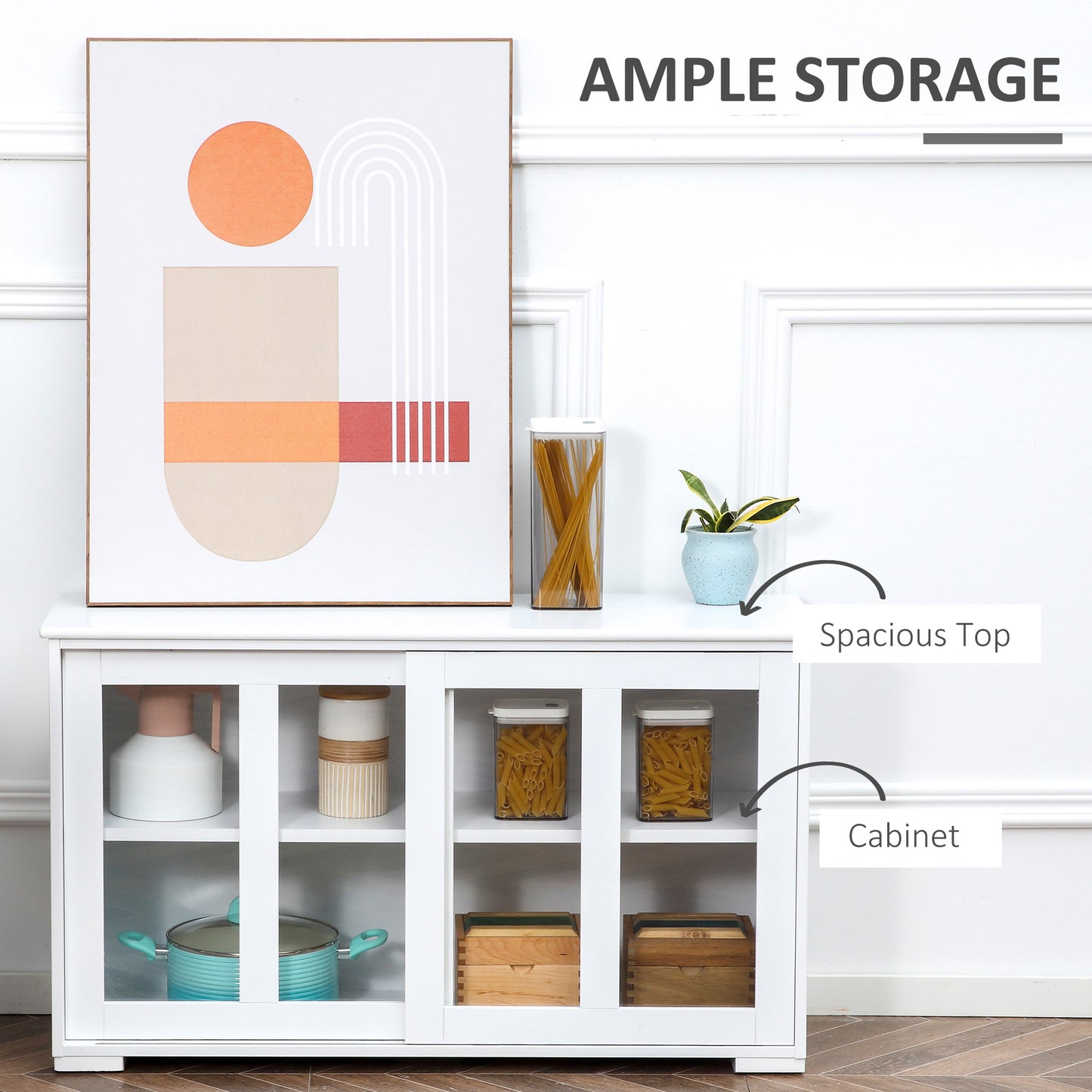 Modern Kitchen Sideboard, Stackable Storage Cabinet, Sliding Glass Door Console, Cupboard Serving Buffet for Kitchen & Dining Room, White