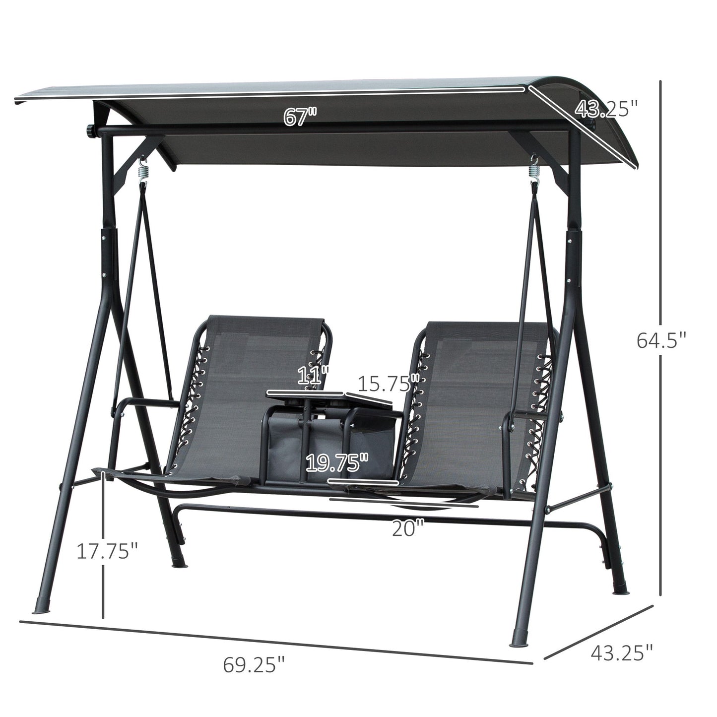 2 Person Covered Porch Swing Patio Swing with Pivot Storage Table, Cup Holder, & Adjustable Overhead Canopy, Grey