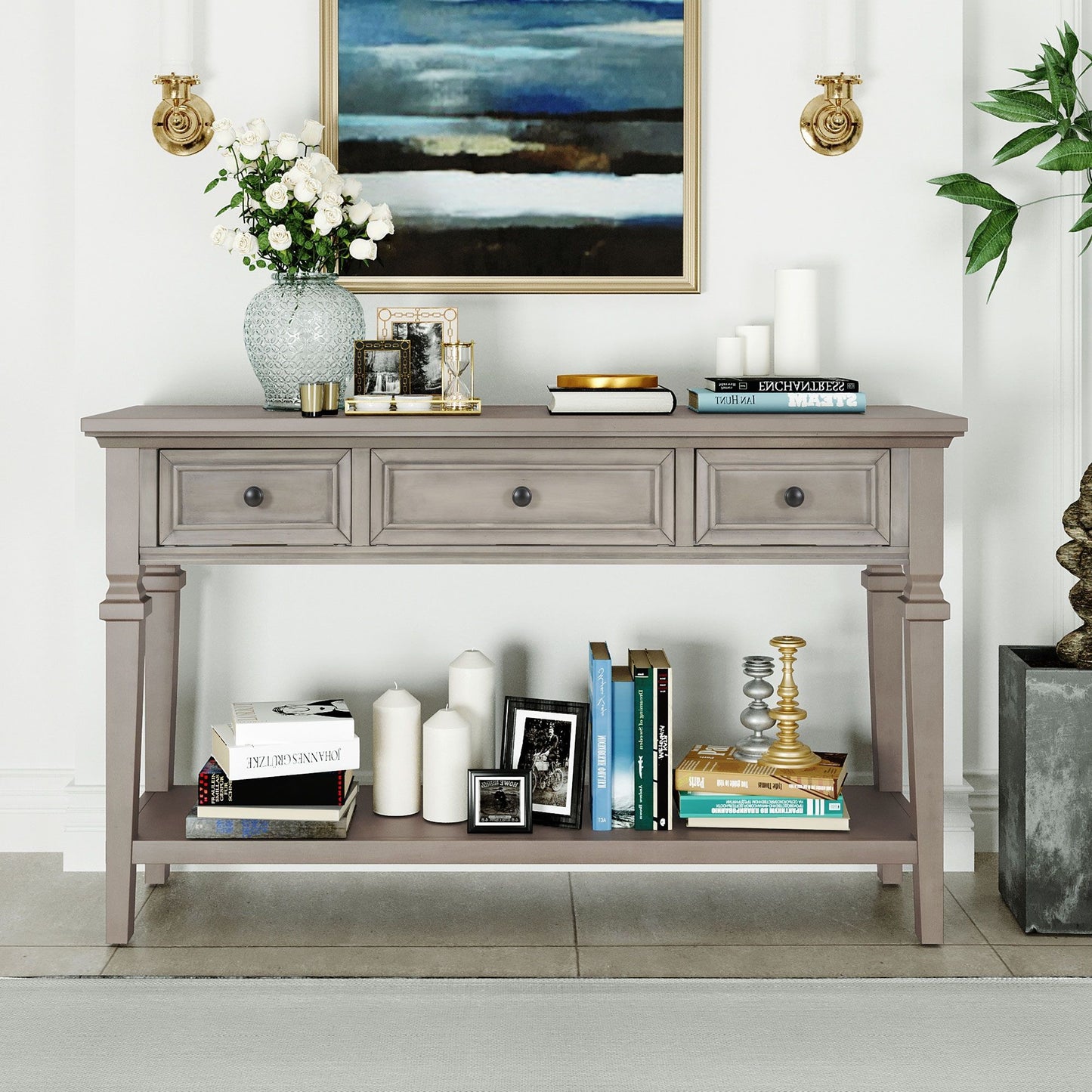 Classic Retro Console Table with 3 Drawers, Open Shelf, Vintage Metal Handles, Perfect for Entryway, Living Room, 50" L x 15" W x 30" H, Gray