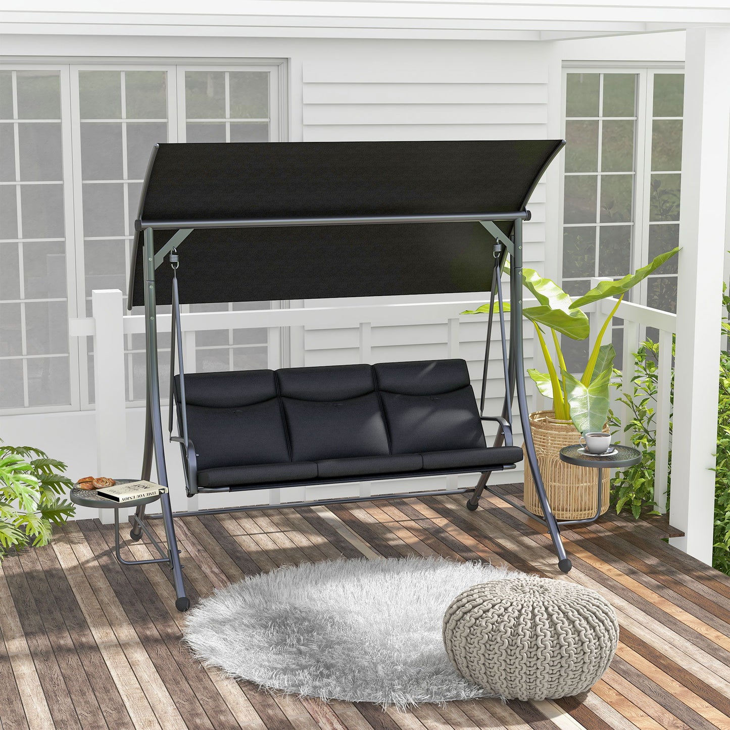 3 Seat Outdoor Swing Chair Steel Swing Bench Porch Swing With Adjustable Canopy & Coffee Tables & Cushion for Patio Garden, Black