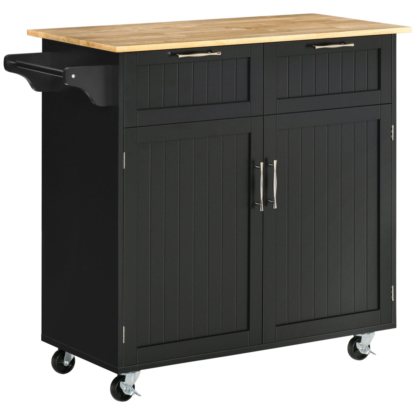 Rolling Kitchen Island with 2 Drawers and Towel Rack - Black