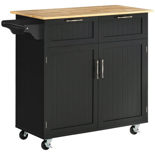Rolling Kitchen Island with 2 Drawers and Towel Rack - Black