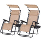 2 Piece Foldable Lounge Chair with Canopy Shade, Outdoor Zero Gravity Chair with Side Tray & Cup Holder, Reclining Lounger with Breathable Mesh Fabric Seat, Pillow, Beige