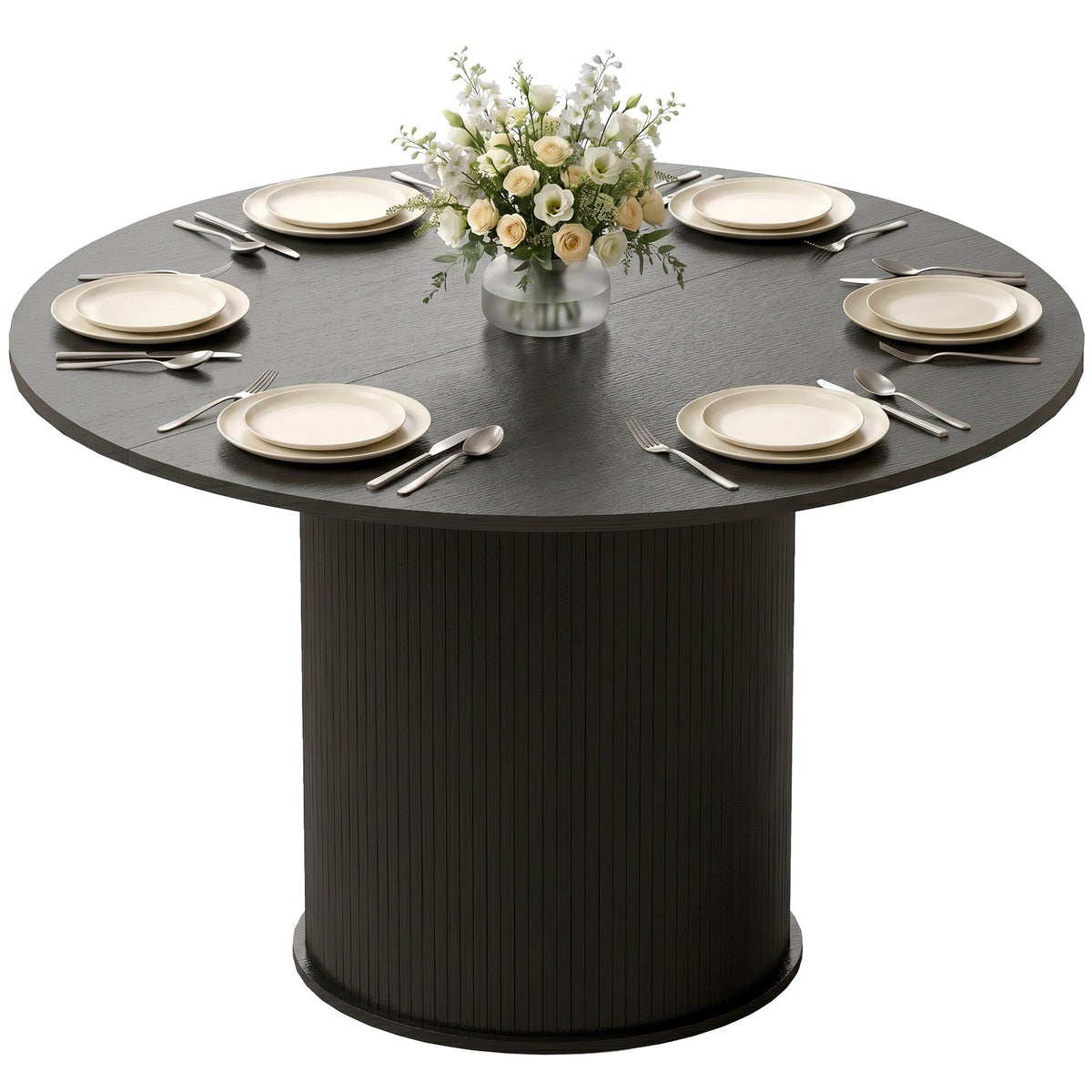 47" Round Dining Table with Fluted Pedestal Base - Black