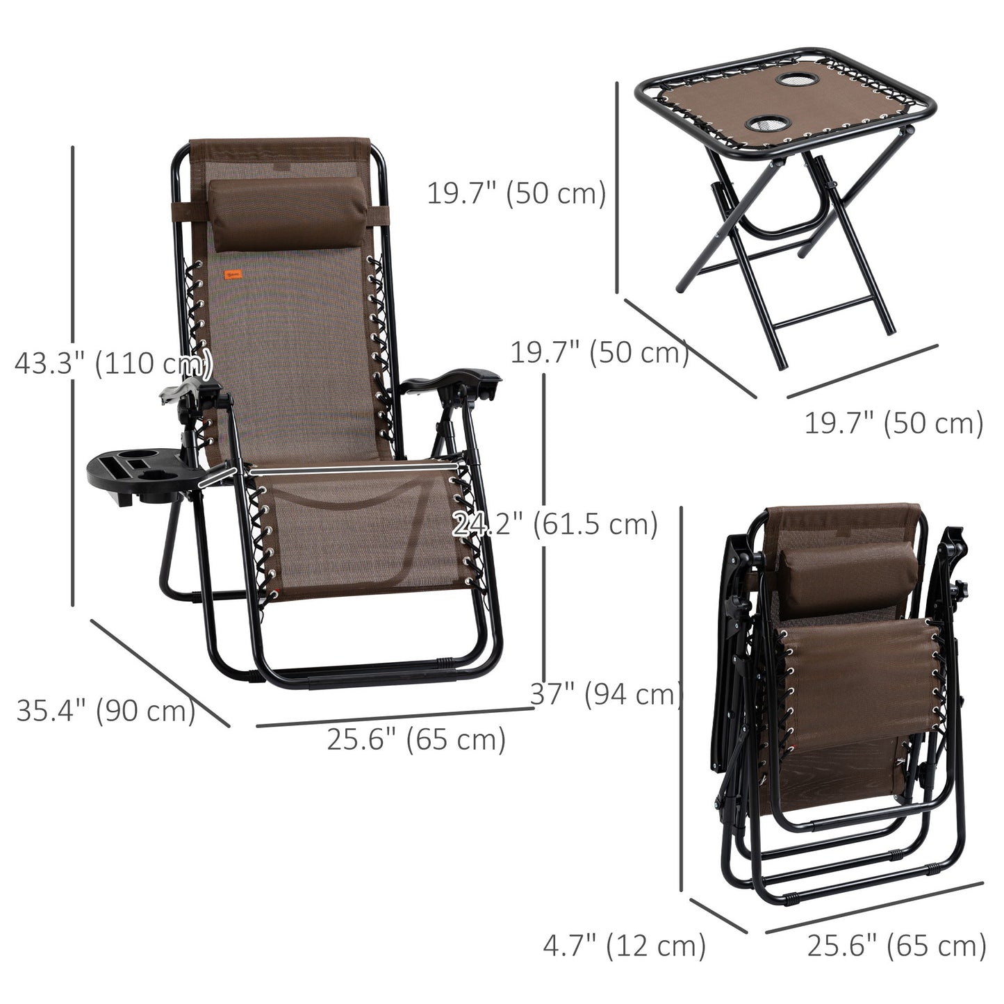 Zero Gravity Chair Set of 2 Patio Chair with Side Table Cupholders and Pillows for Pool, Backyard, Lawn, Beach, Brown