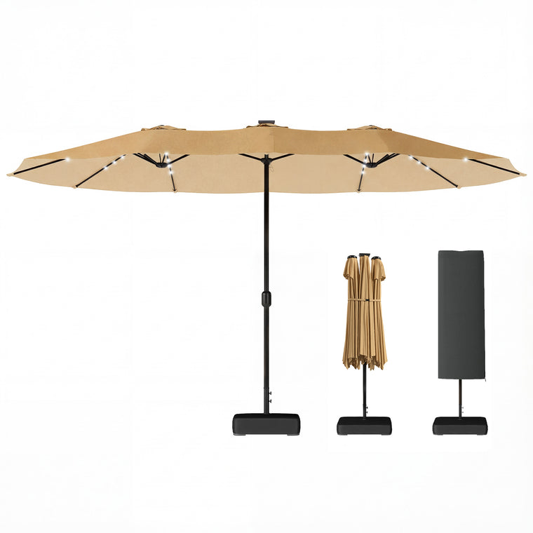 Double-sided Patio Umbrella with Base Included & 48 LED Lights 15ft Khaki