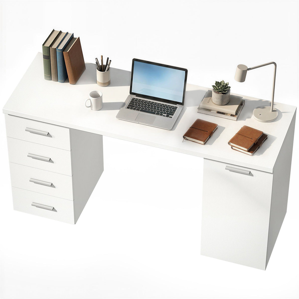 Computer Desk with Adjustable Shelf and Drawers - White Wood Grain