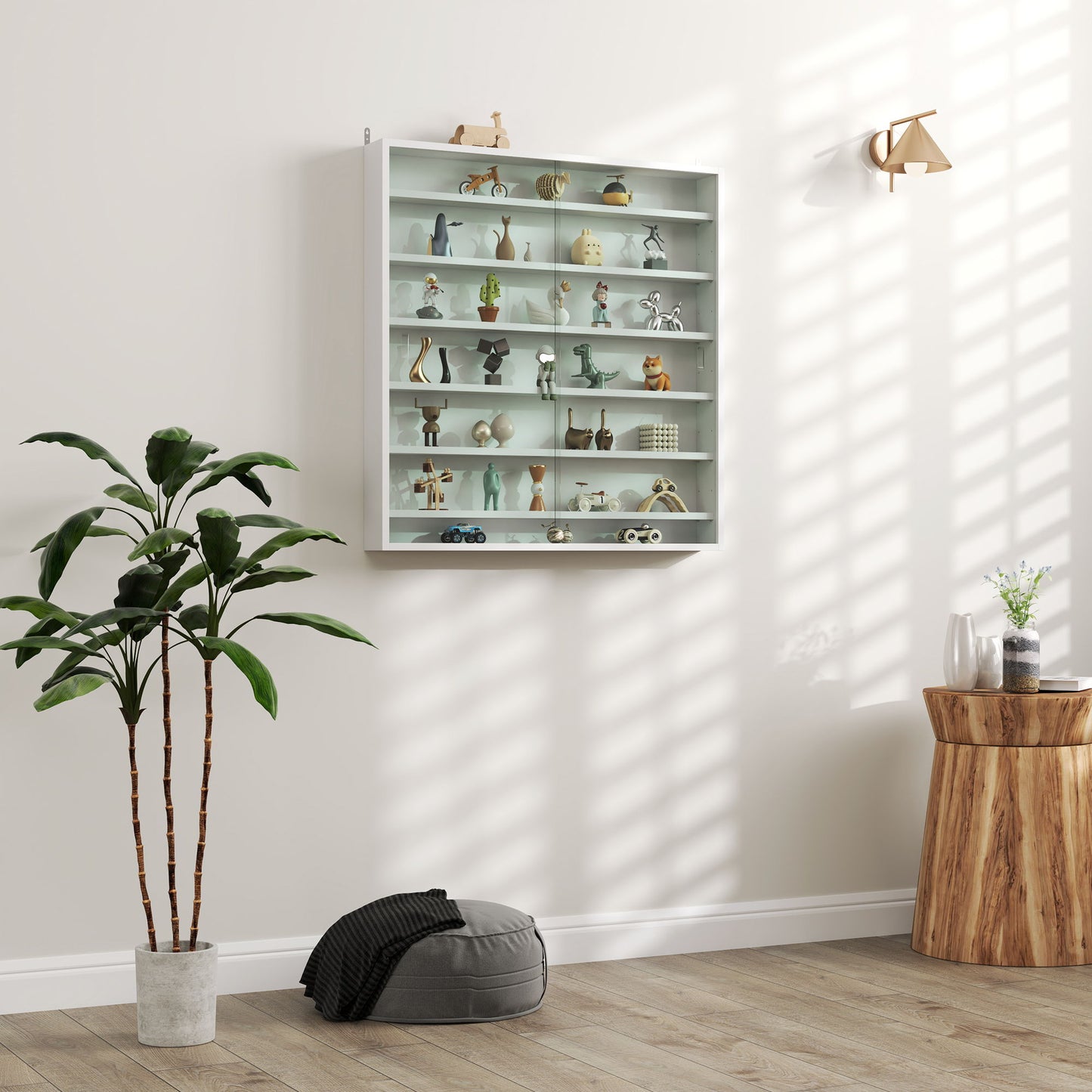 7-Tier Display Cabinet, Shot Glass Display Case, Glass Curio Cabinet with 2 Glass Doors and 6 Adjustable Shelves, White