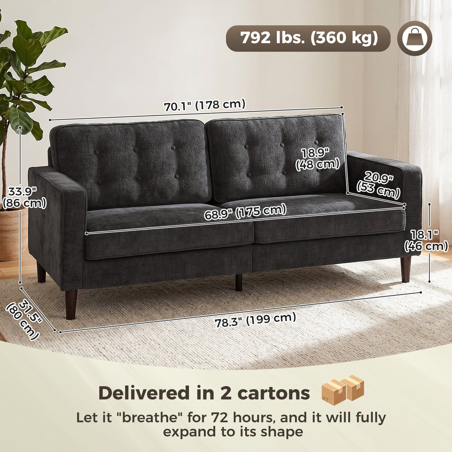 3-Seater Button-Tufted Sofa with Wood Legs - Dark Grey