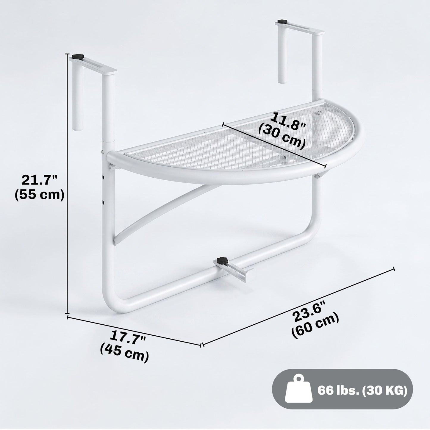 Adjustable Balcony Hanging Railing Table, Metal Mounting Mini Wall Desk Storage Rack, Outdoor Flower Stand Serving Table Half Round, White