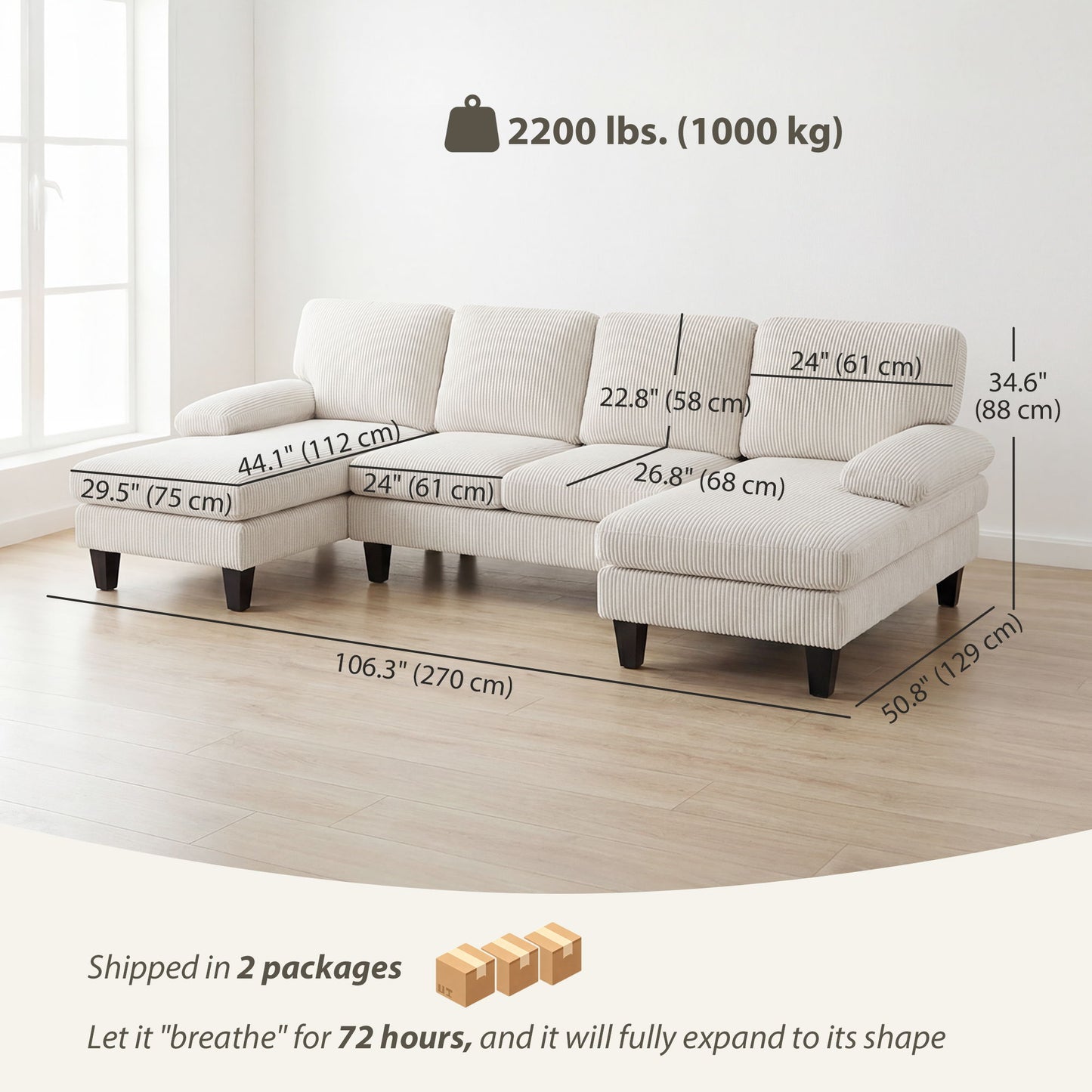 Sectional Sofa, U Shaped Couch with Double Chaise, Pillow-top Armrests and Spring Cushions, 2200lb Capacity, Beige