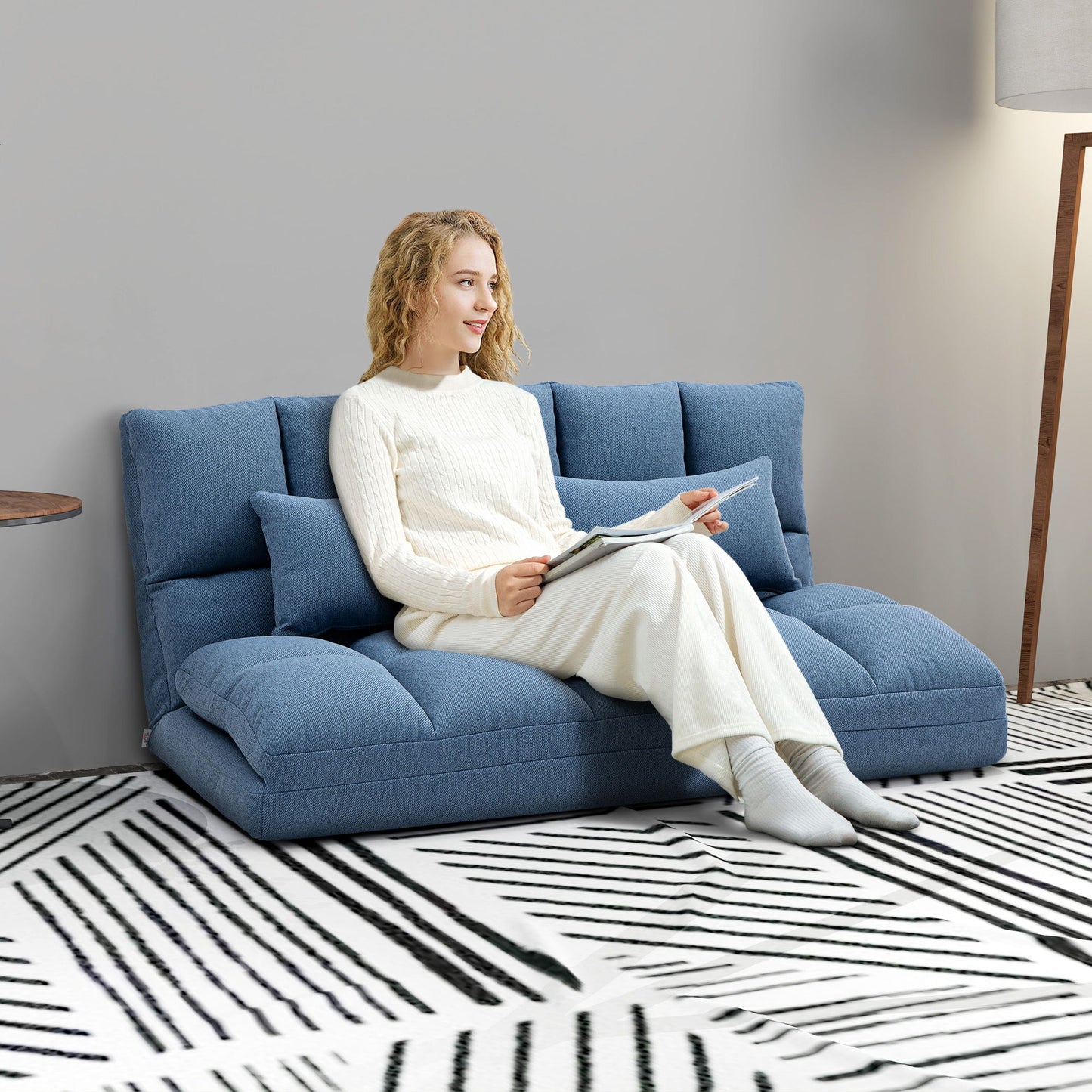 Floor Sofa, Foldable 2-Seater Lazy Sofa Sleeper with 9-position Backrest and 2 Pillows Light Blue