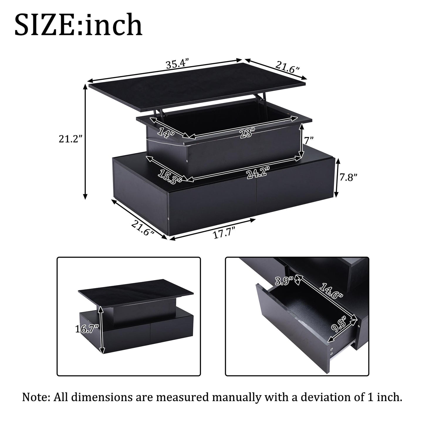 Sleek Lift-Up Coffee Table with LED Lighting and 4 Drawers, Durable Center Table for Living Room, 35.5" L x 21.5" W x 16.5" H, Black