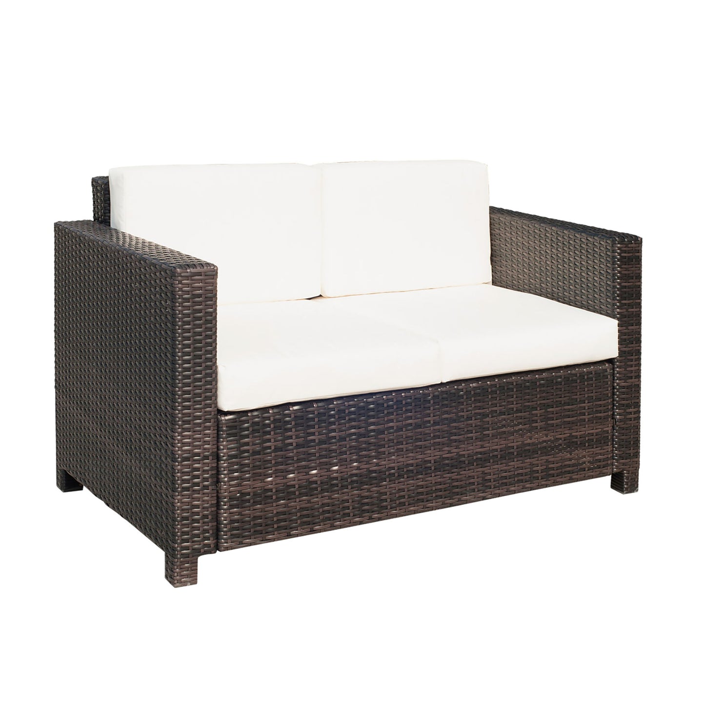 2 Seat Patio Loveseat Deluxe Wicker Sofa Chair Outdoor Rattan Furniture Couch All Weather with Cushion for Balcony, Deck, Garden and Poolside, Cream White