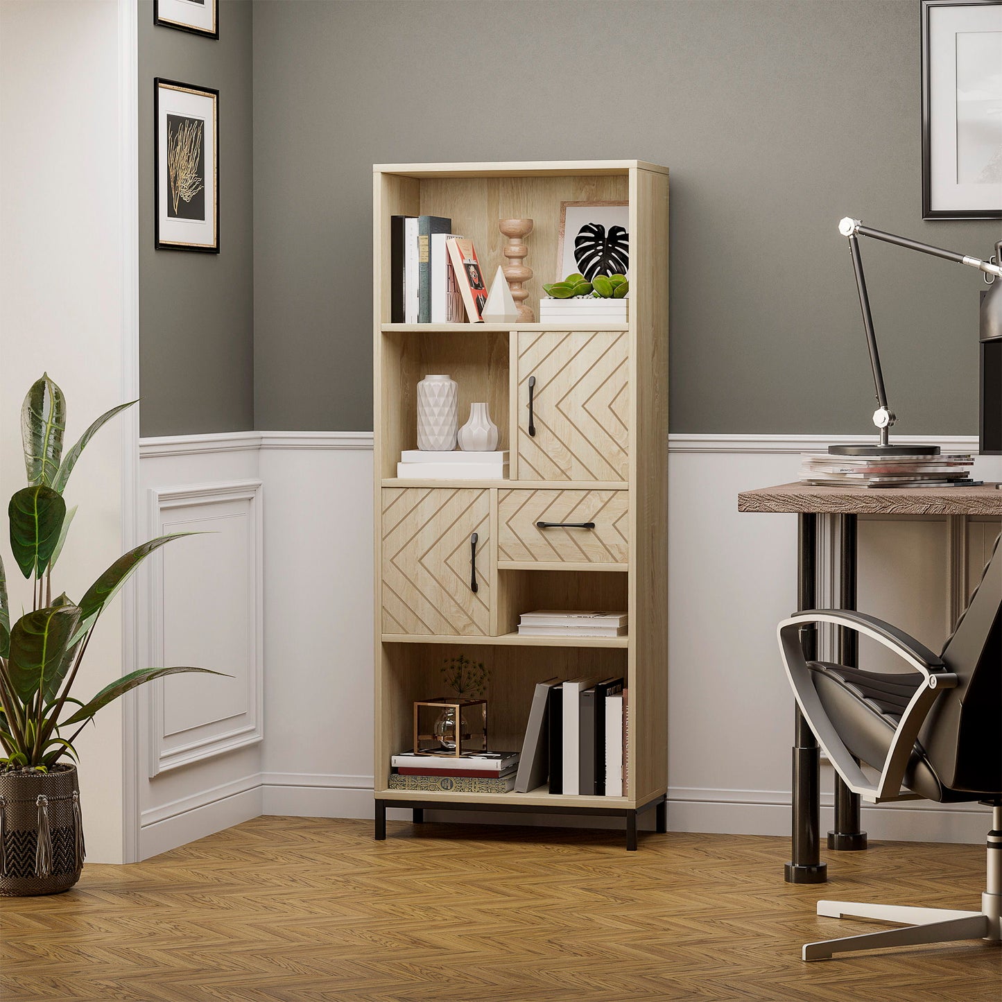 59" Bookcase, Storage Bookshelf with Cabinets, Drawer and Open Compartments, Freestanding Display Shelves for Home Office, Living Room, Study, Nature Wood