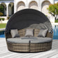 4 Pieces Outdoor Daybed with Retractable Canopy, PE Rattan Wicker Round Sofa Day Bed, Patio Sectional Conversation Furniture Set with Cushions and Pillows, Grey