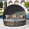4 Pieces Outdoor Daybed with Retractable Canopy, PE Rattan Wicker Round Sofa Day Bed, Patio Sectional Conversation Furniture Set with Cushions and Pillows, Grey