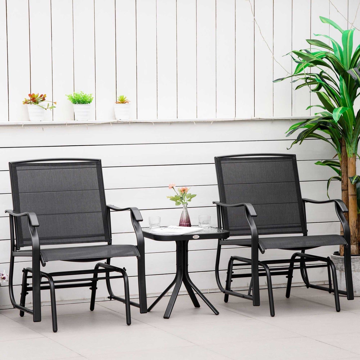 3 Piece Patio Glider Set Outdoor Gliders with Breathable Mesh Seat, Glass Top Table for Garden, Yard, Black
