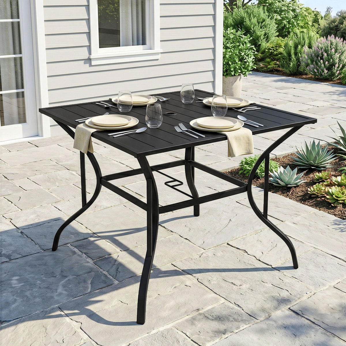 Outdoor Dining Table for Four, Patio Table with Parasol Hole, Square Garden Table with Slatted Metal Plate Top, for Backyard, Poolside, Black