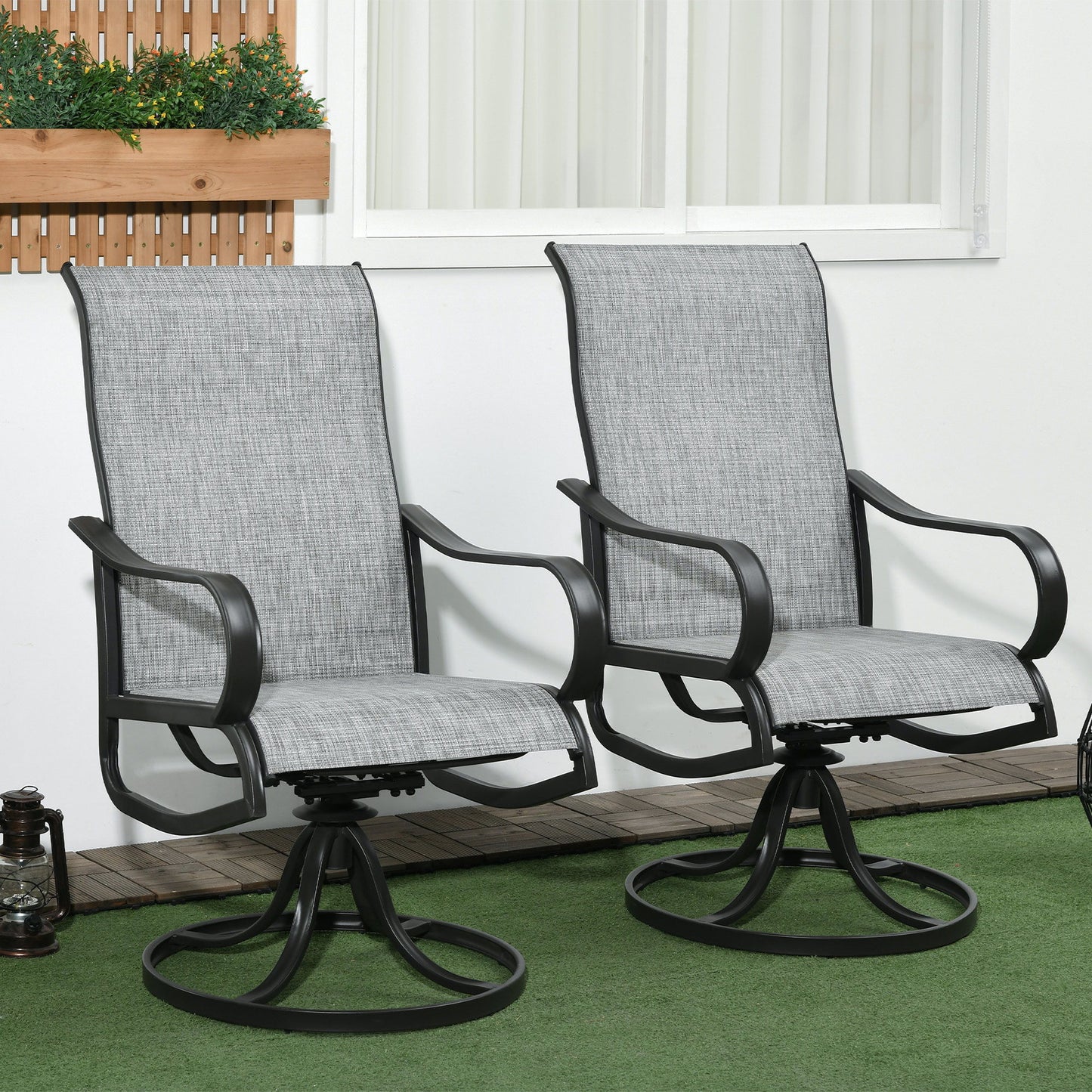 2-Piece Swivel Garden Chairs, 360° Swivel Rocking Outdoor Chairs with Curved Armrests, Breathable Mesh Seat & S Shape Backrest for Yard, Lawn, Porch, Dark Grey