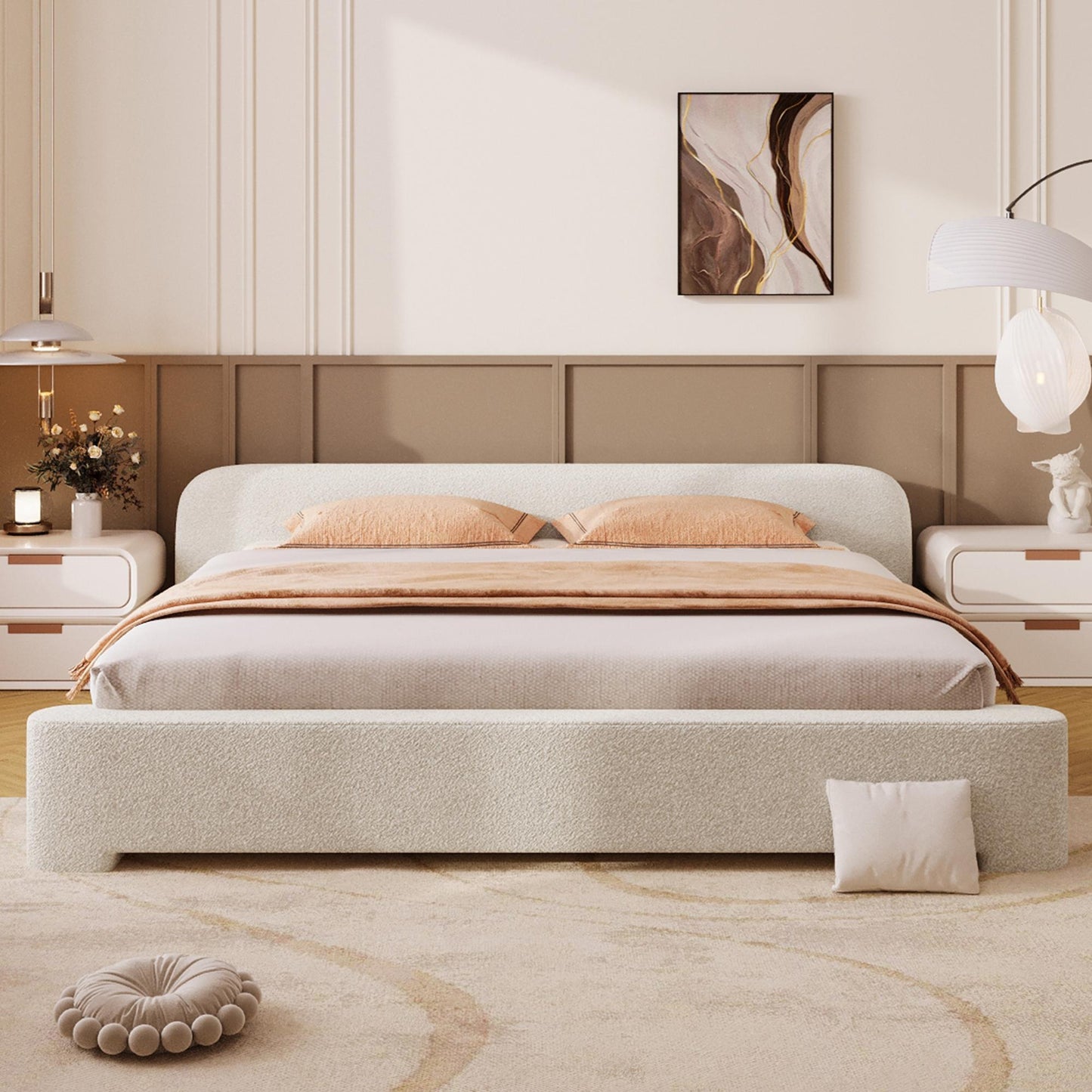 King-Size Boucle Upholstered Bed with 3 Support Legs, Minimalist Bed Frame with Birch Wood Construction, 87.5'' L x 87'' W x 24'' H, White