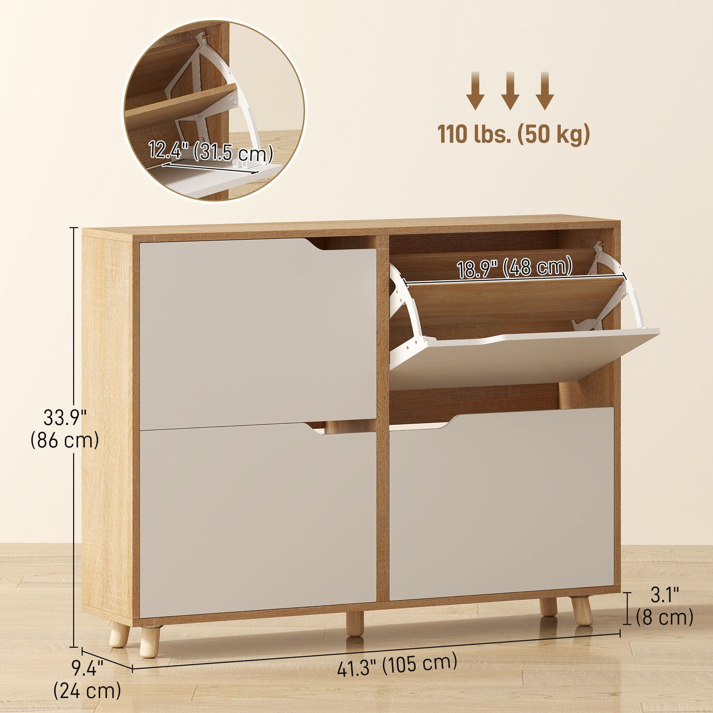 Narrow Shoe Cabinet, Shoe Storage Cabinet with 4 Flip Drawers and Adjustable Shelves for 16 Pairs of Shoes, White