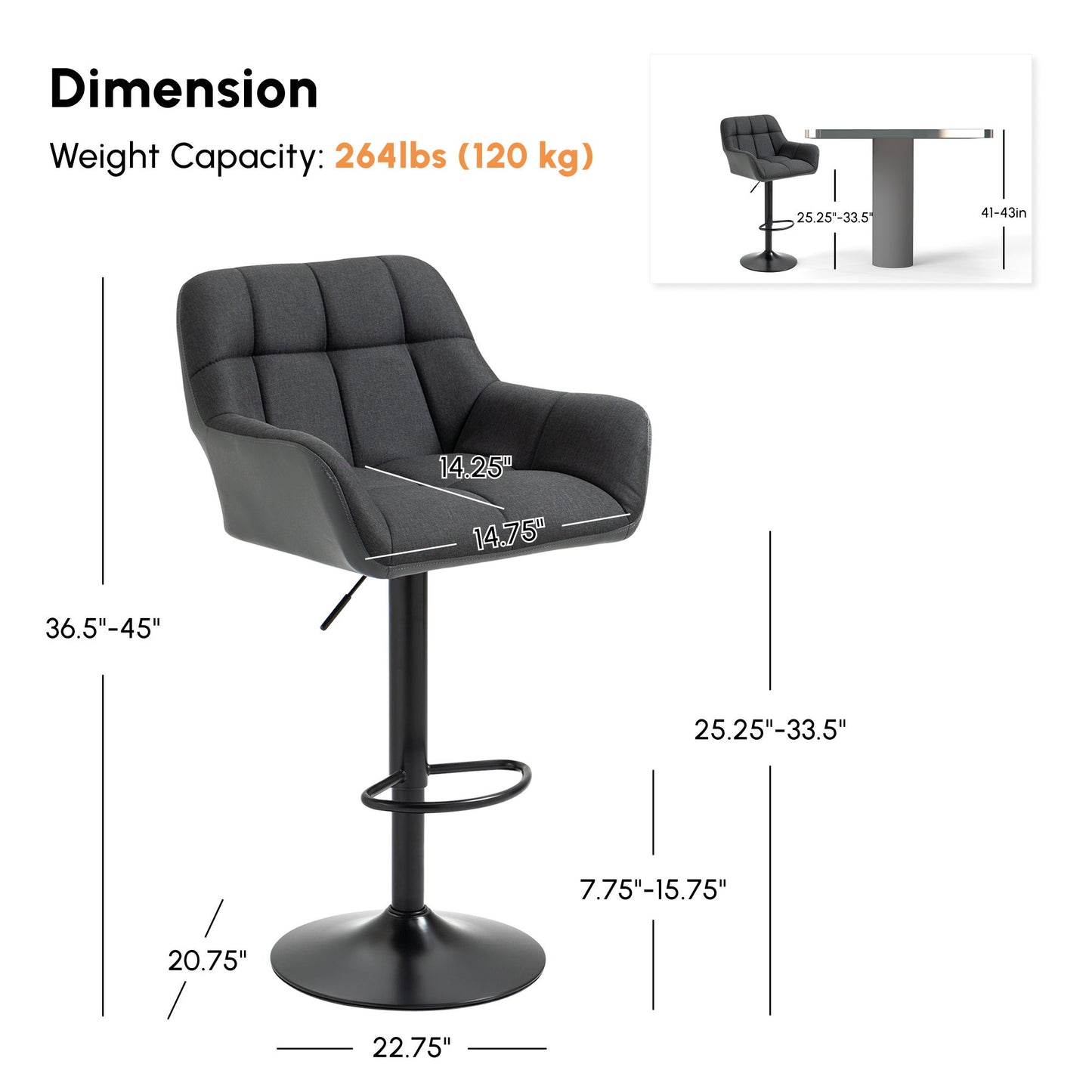 Swivel Barstools Set of 2 Adjustable Bar Stools with Footrest Armrests and PU Leather Back for Dining Room Grey
