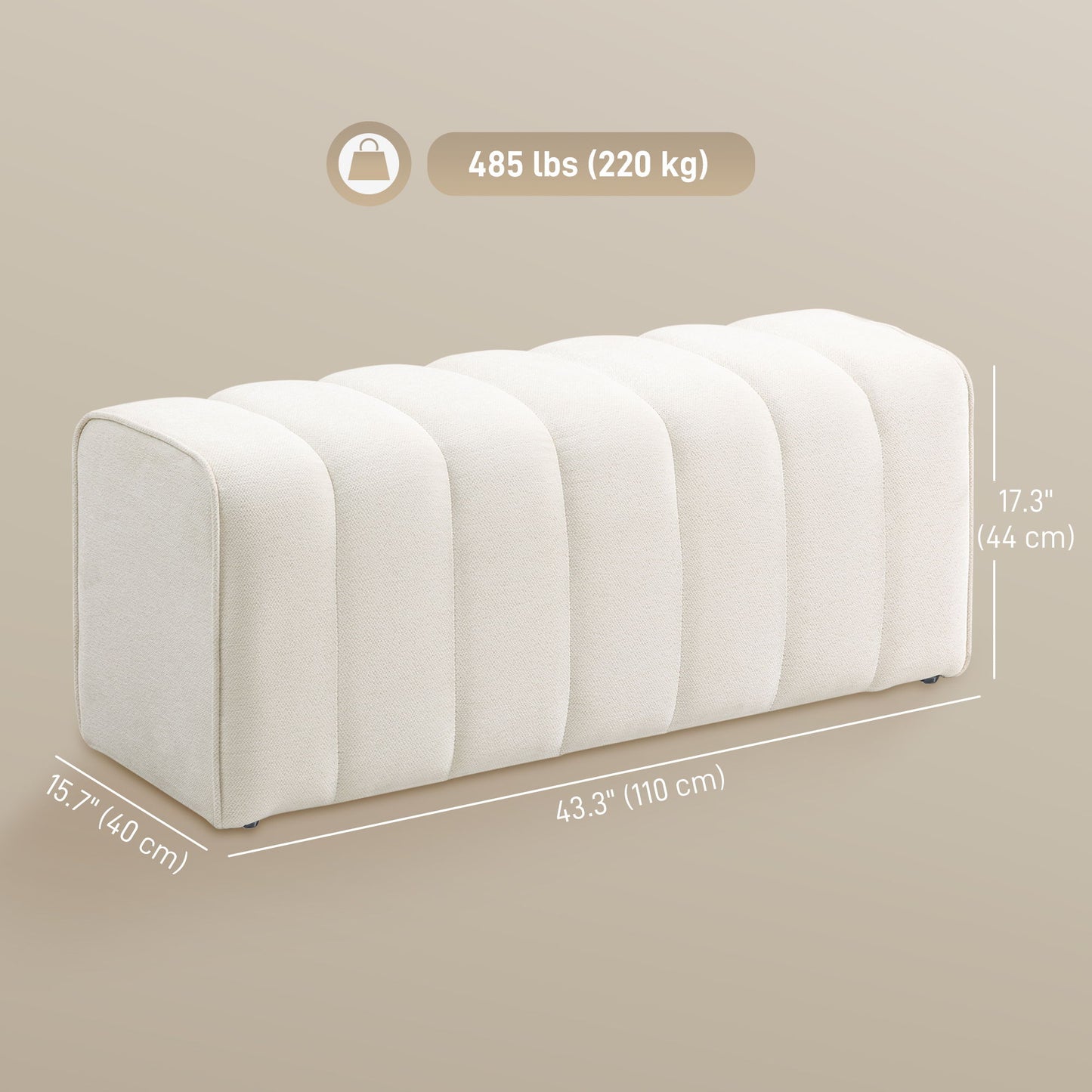 43" Upholstered Bedroom Bench Modern End of Bed Bench Load up to 485 lbs for Bedroom Hallway Living Room Cream White